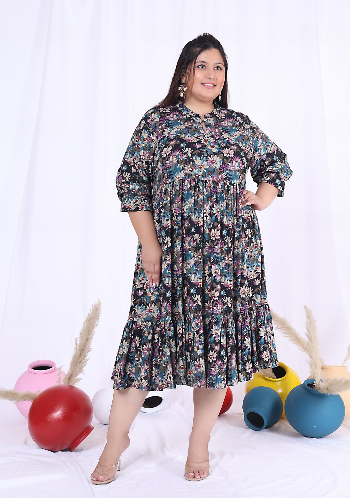 Plus Size Black Cotton Flared Frock Style-600015