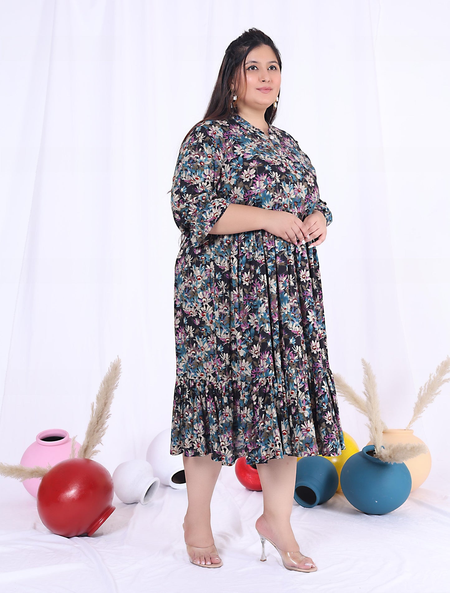 Plus Size Black Cotton Flared Frock Style-600015