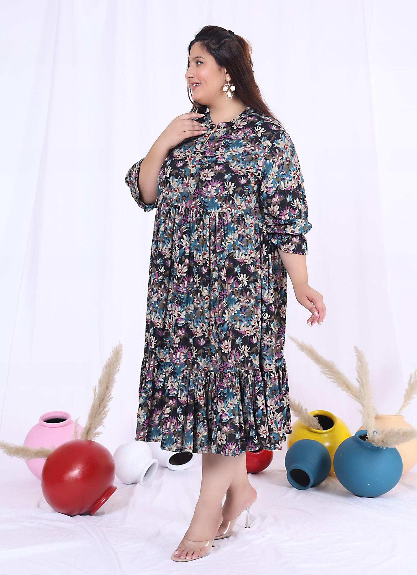 Plus Size Black Cotton Flared Frock Style-600015