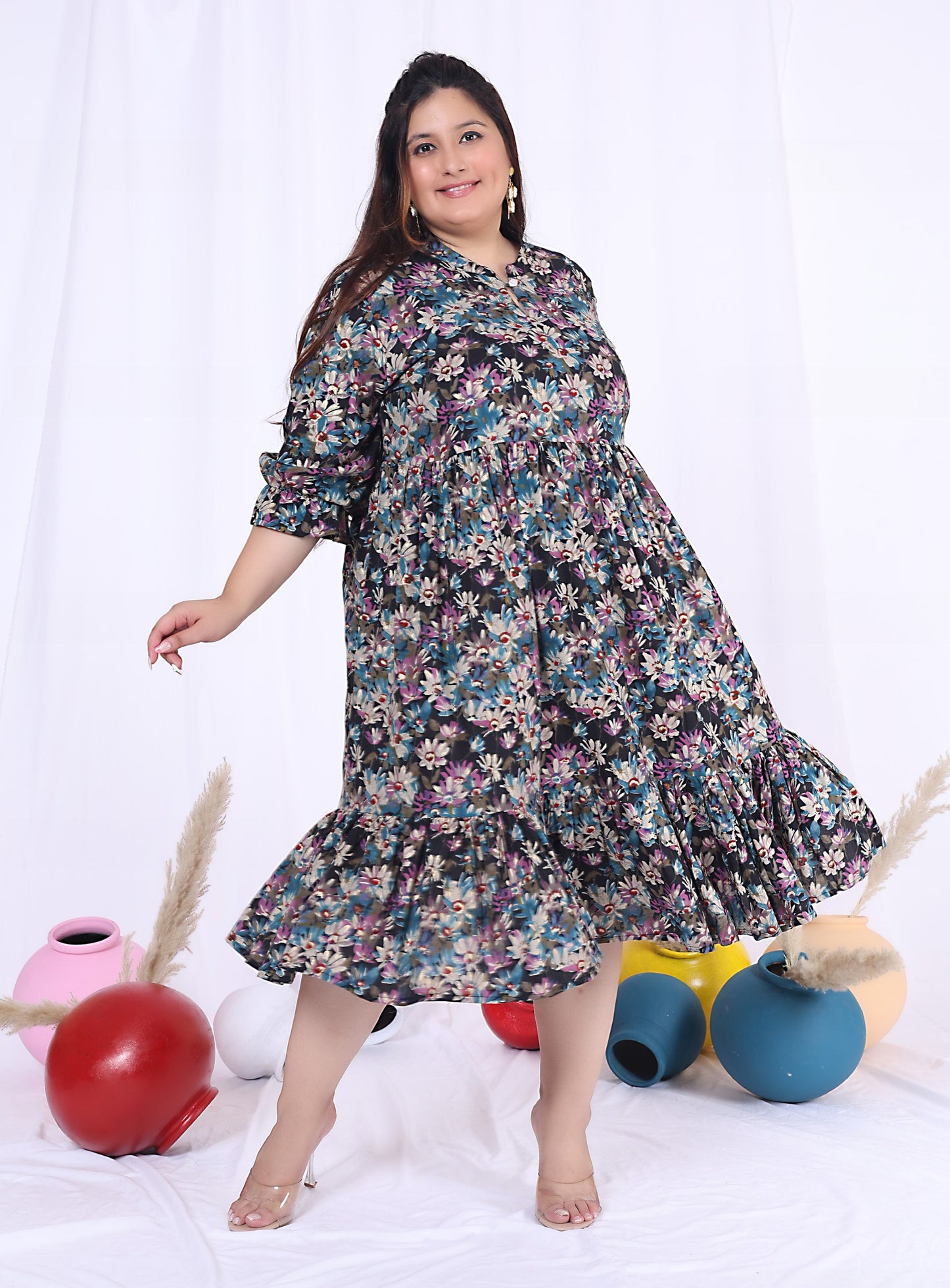 Plus Size Black Cotton Flared Frock Style-600015