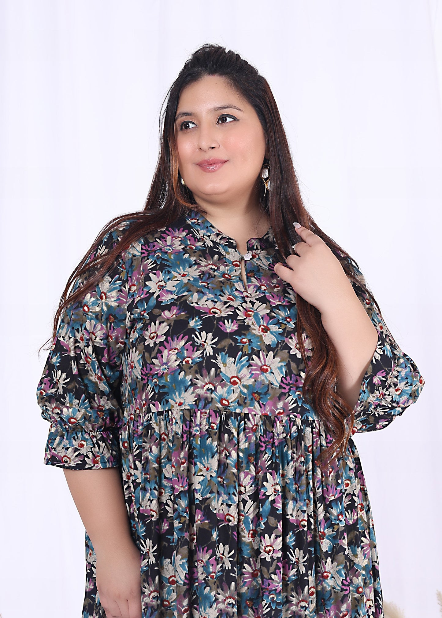 Plus Size Black Cotton Flared Frock Style-600015