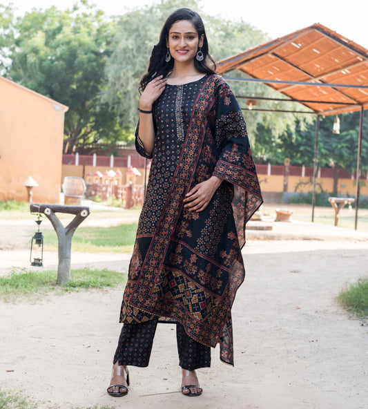 Black Muslin Printed Kurta Pant Set with Dupatta-2284