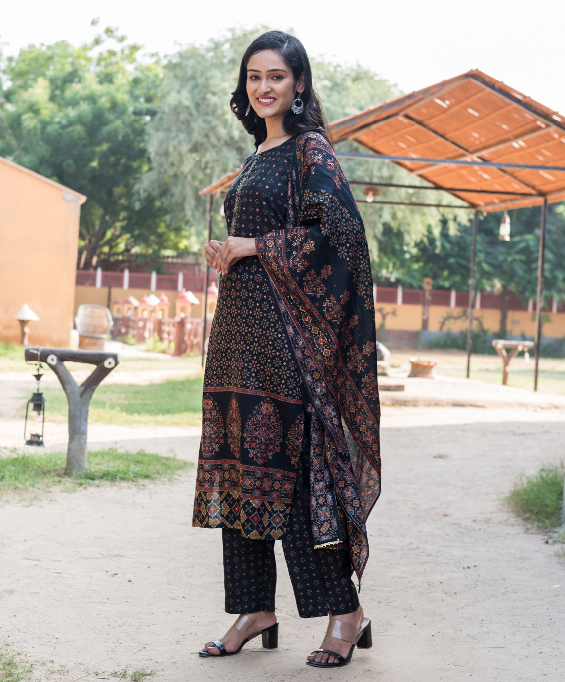 Black Muslin Printed Kurta Pant Set with Dupatta-2284