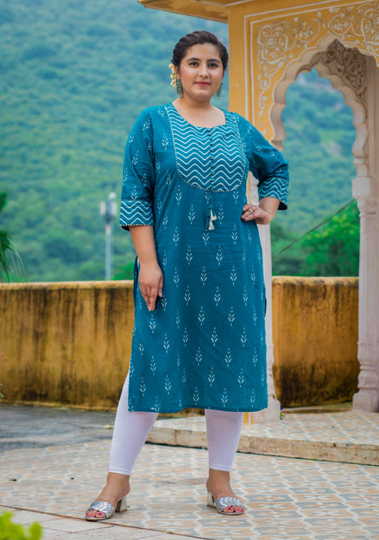 Plus Size Blue Cotton Ikat Print Straight Kurta-355