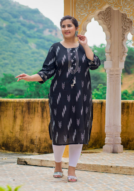 Plus Size Black Cotton Ikat Print Straight Kurta-383