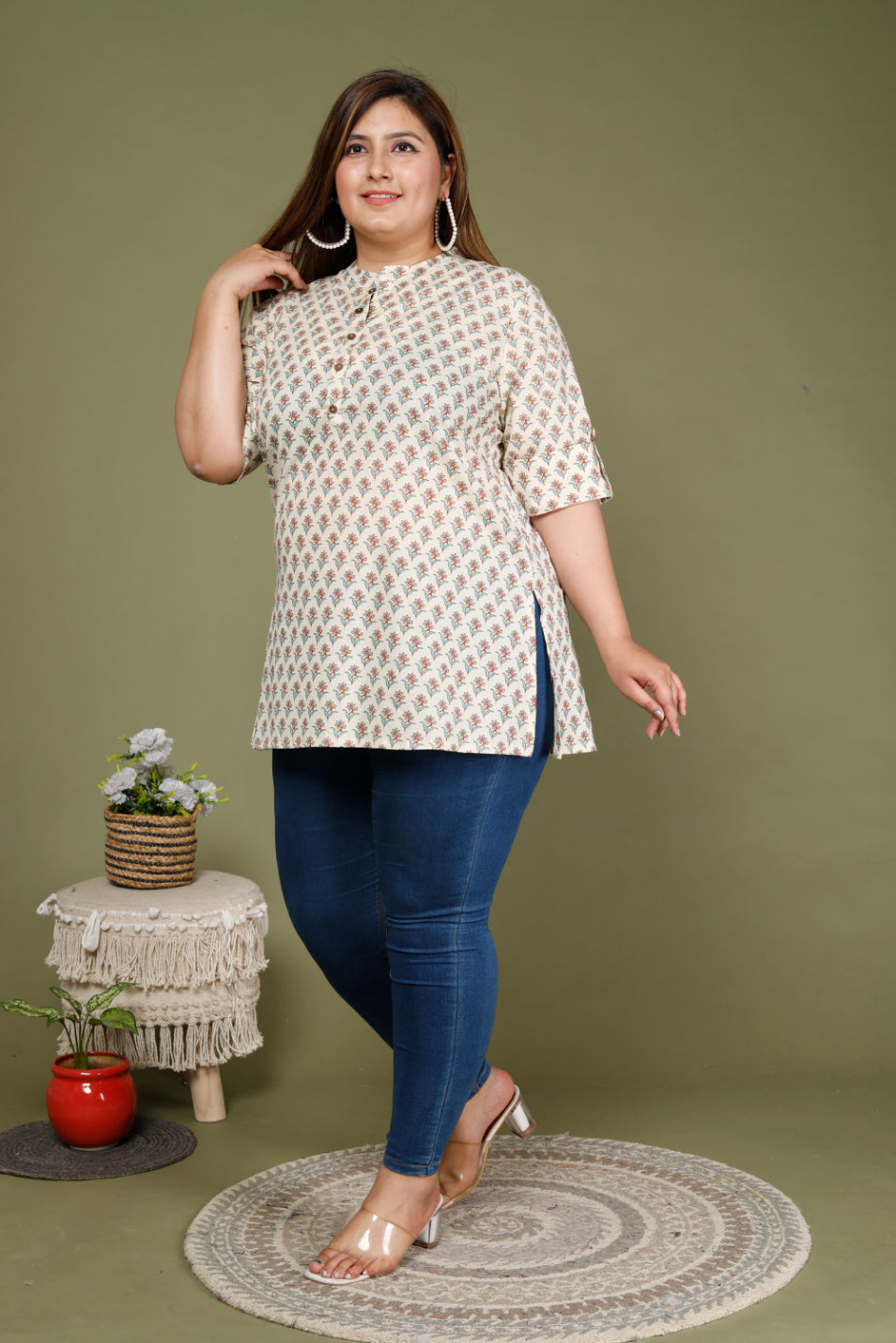 Plus Size Beige Cotton Block Print Short Kurta-647