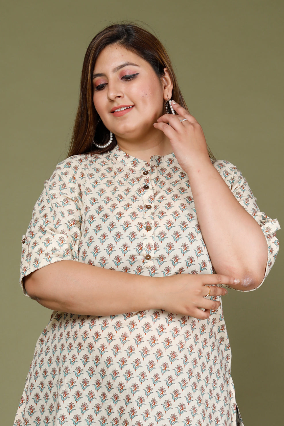 Plus Size Beige Cotton Block Print Short Kurta-647