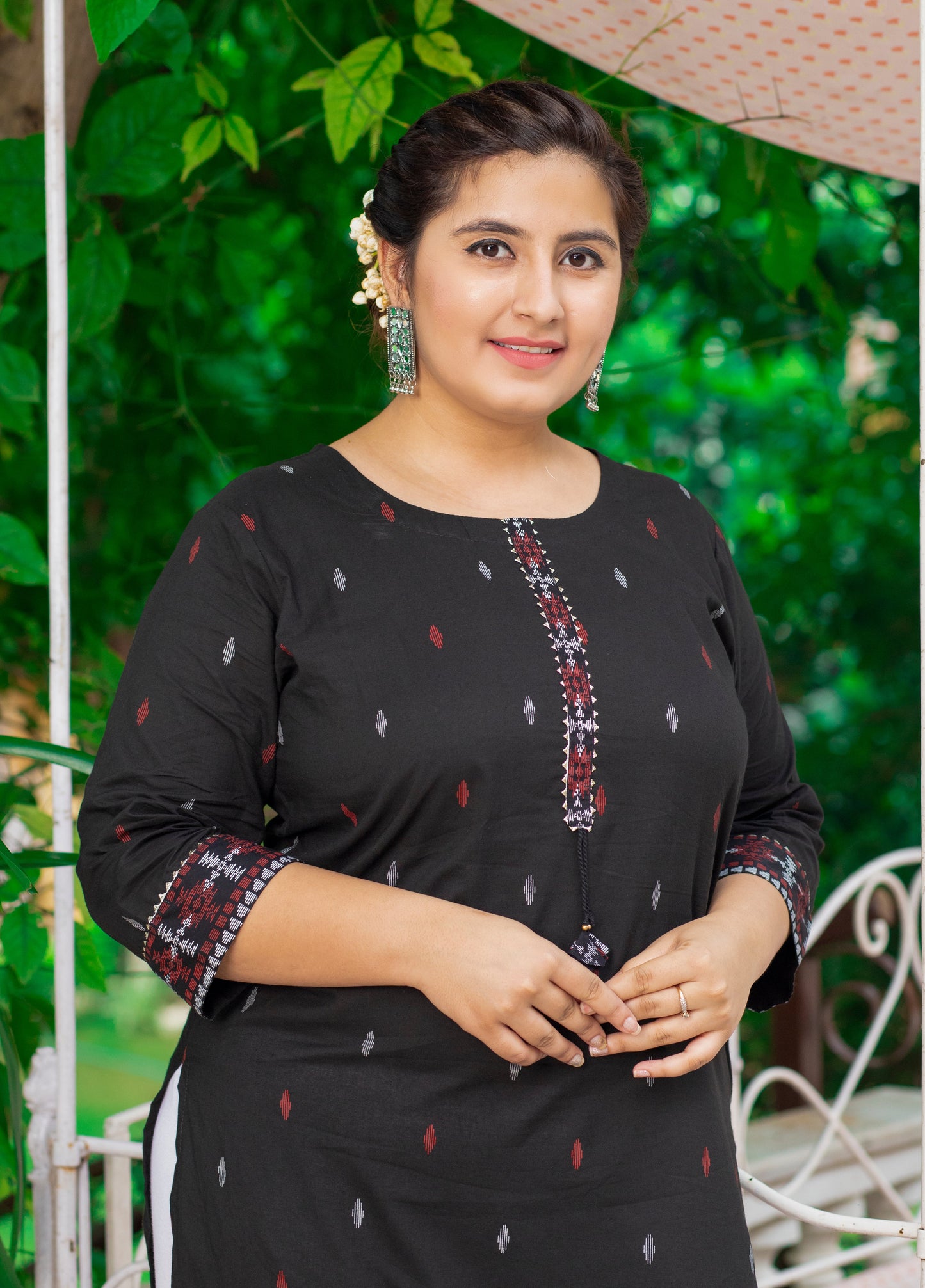 Plus Size Black Cotton Ikat Print Straight Kurta-159