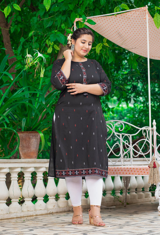 Plus Size Black Cotton Ikat Print Straight Kurta-159