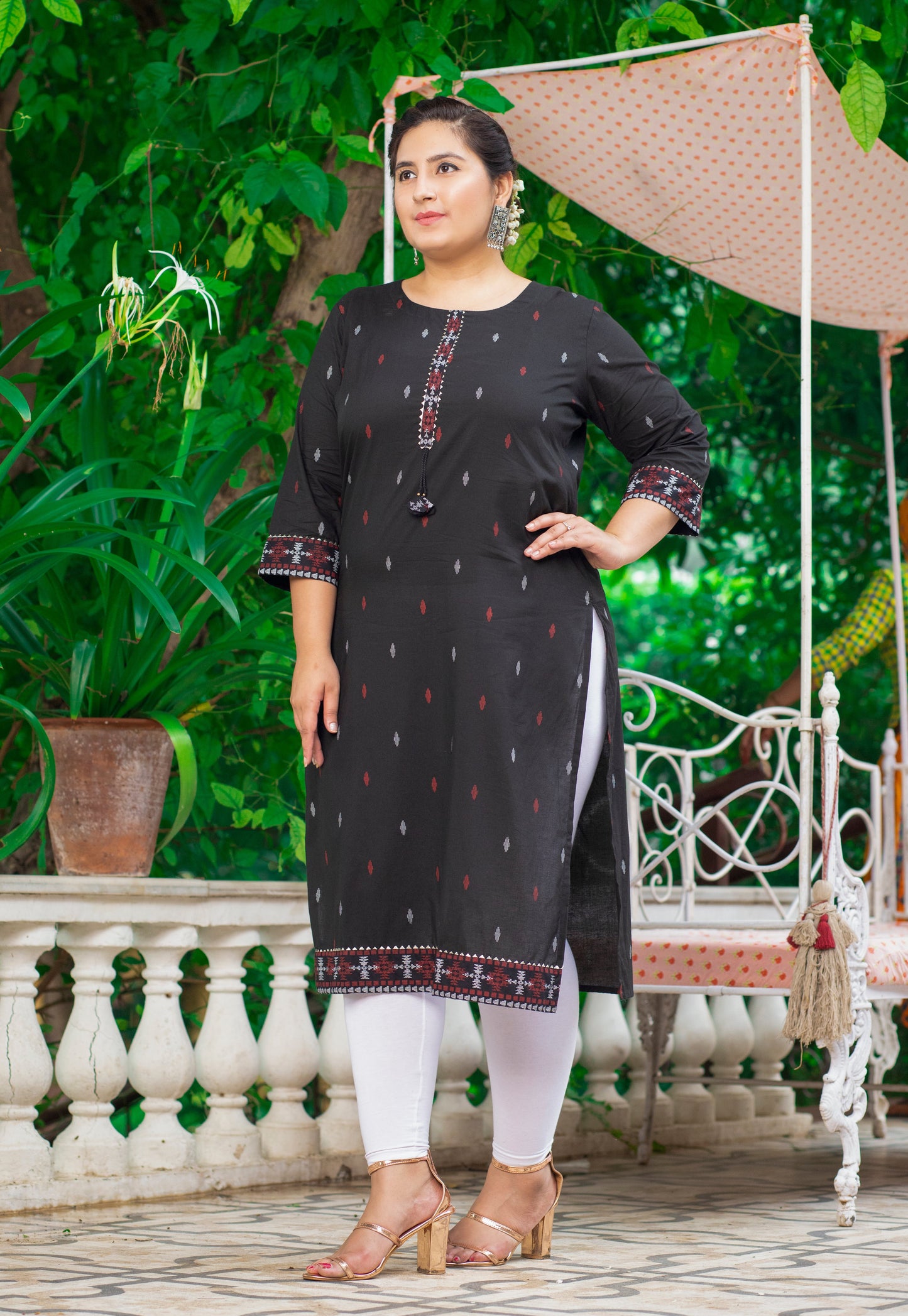 Plus Size Black Cotton Ikat Print Straight Kurta-159