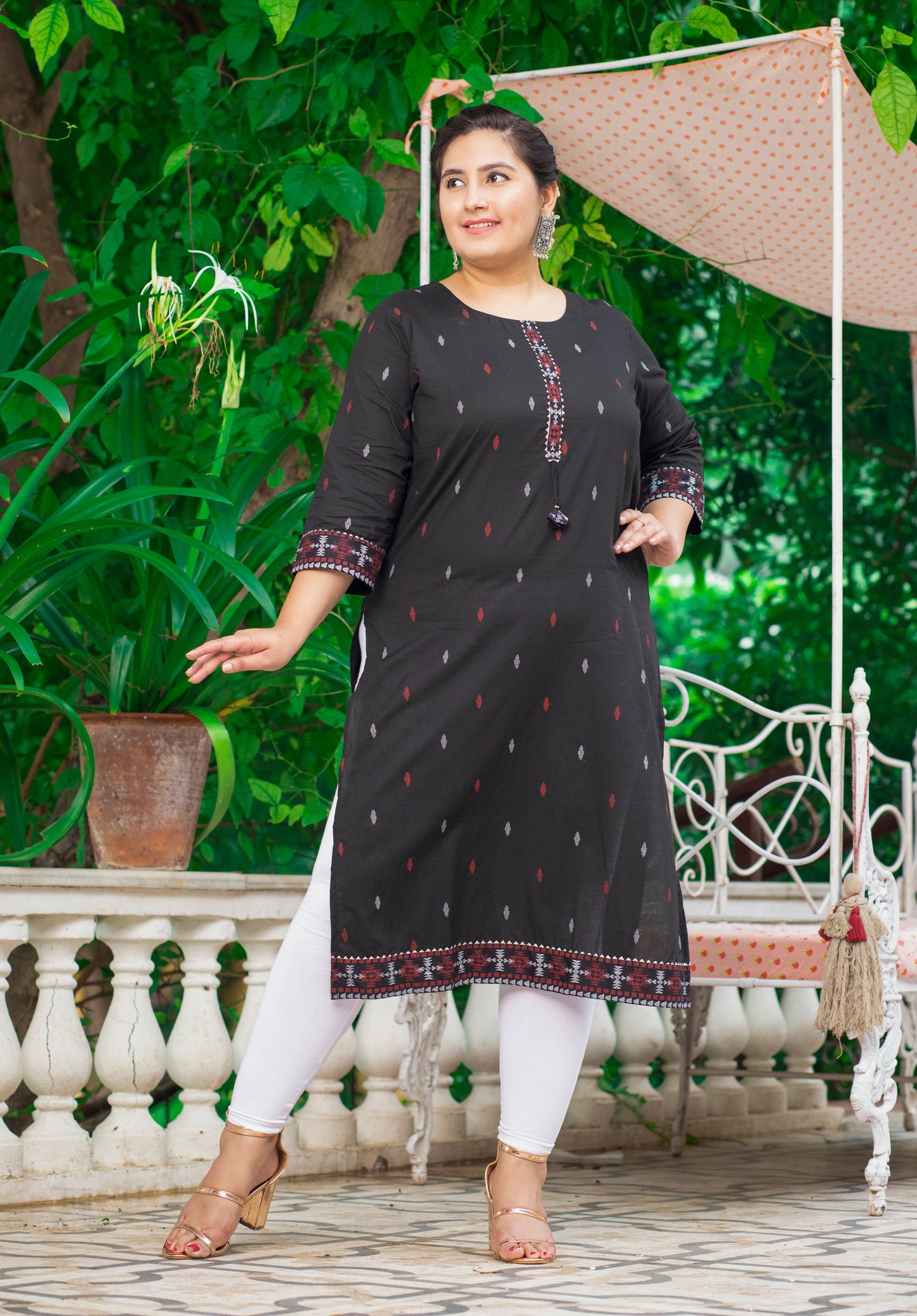 Plus Size Black Cotton Ikat Print Straight Kurta-159