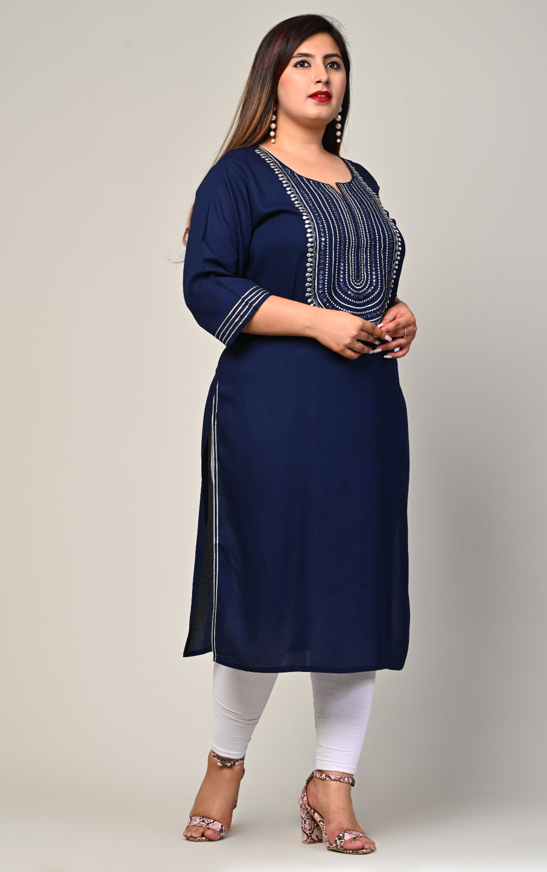 Plus Size Blue Cotton Blend Embroidered Straight Kurta-246