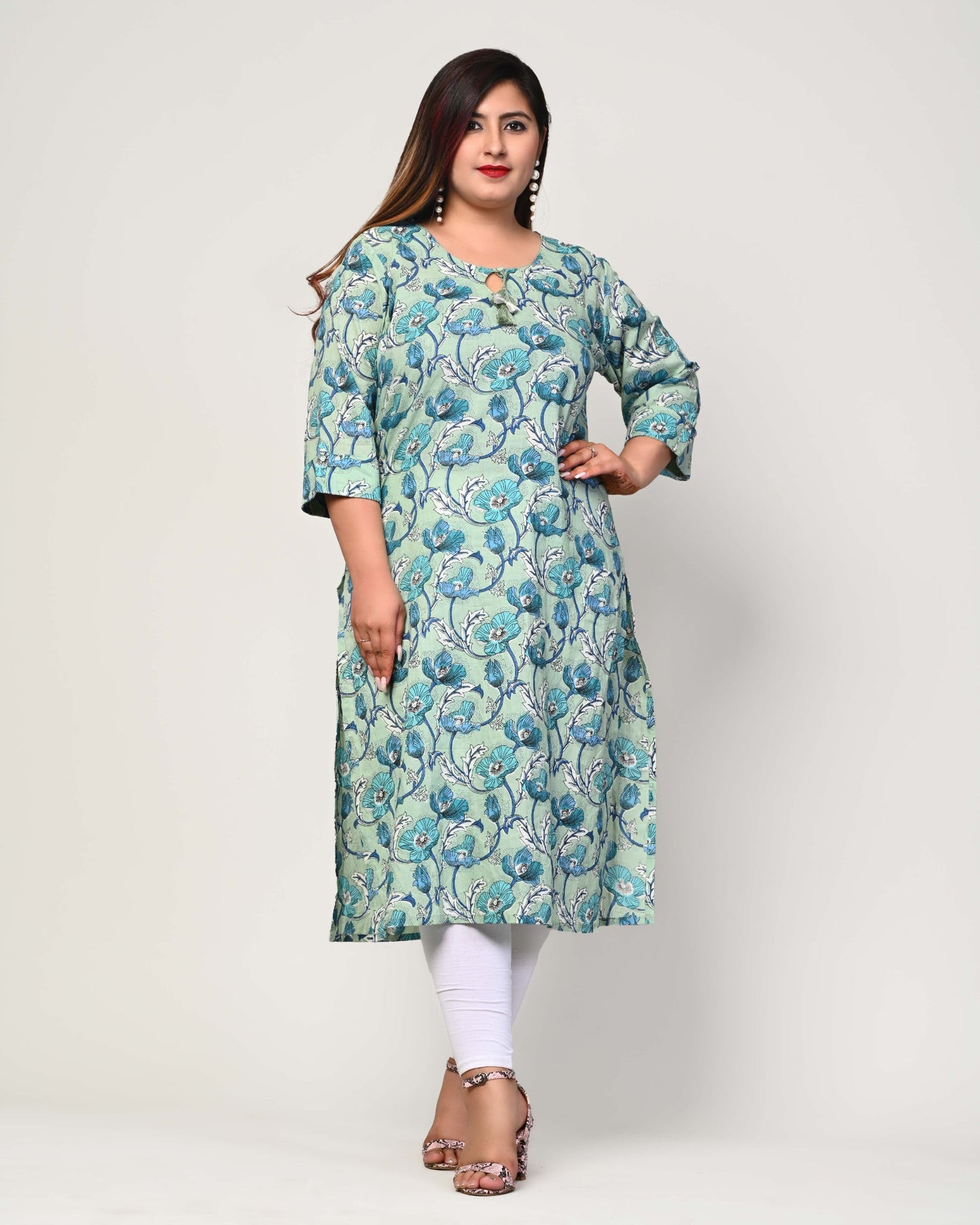 Plus Size Blue Cotton Floral Print Straight Kurta-369