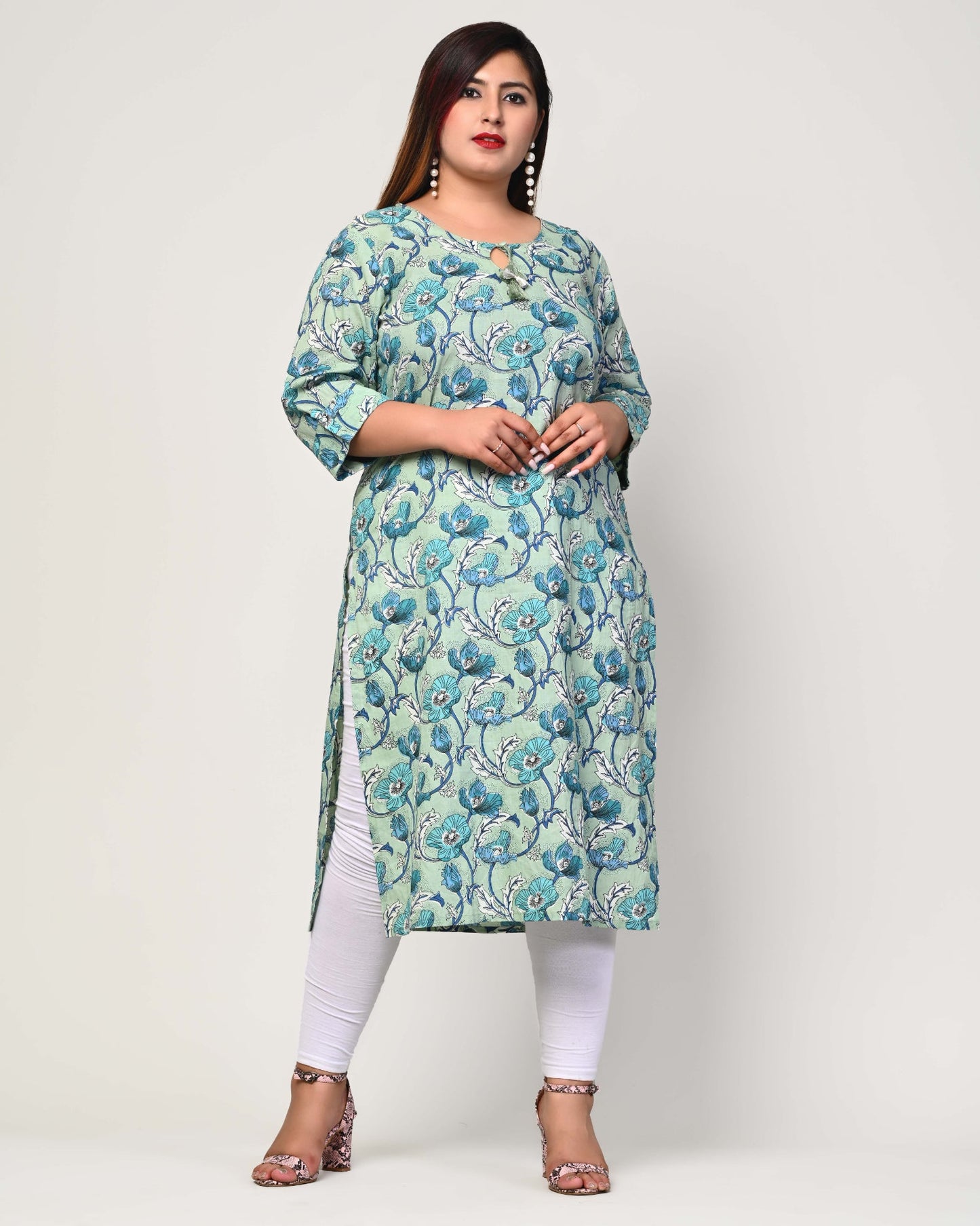 Plus Size Blue Cotton Floral Print Straight Kurta-369