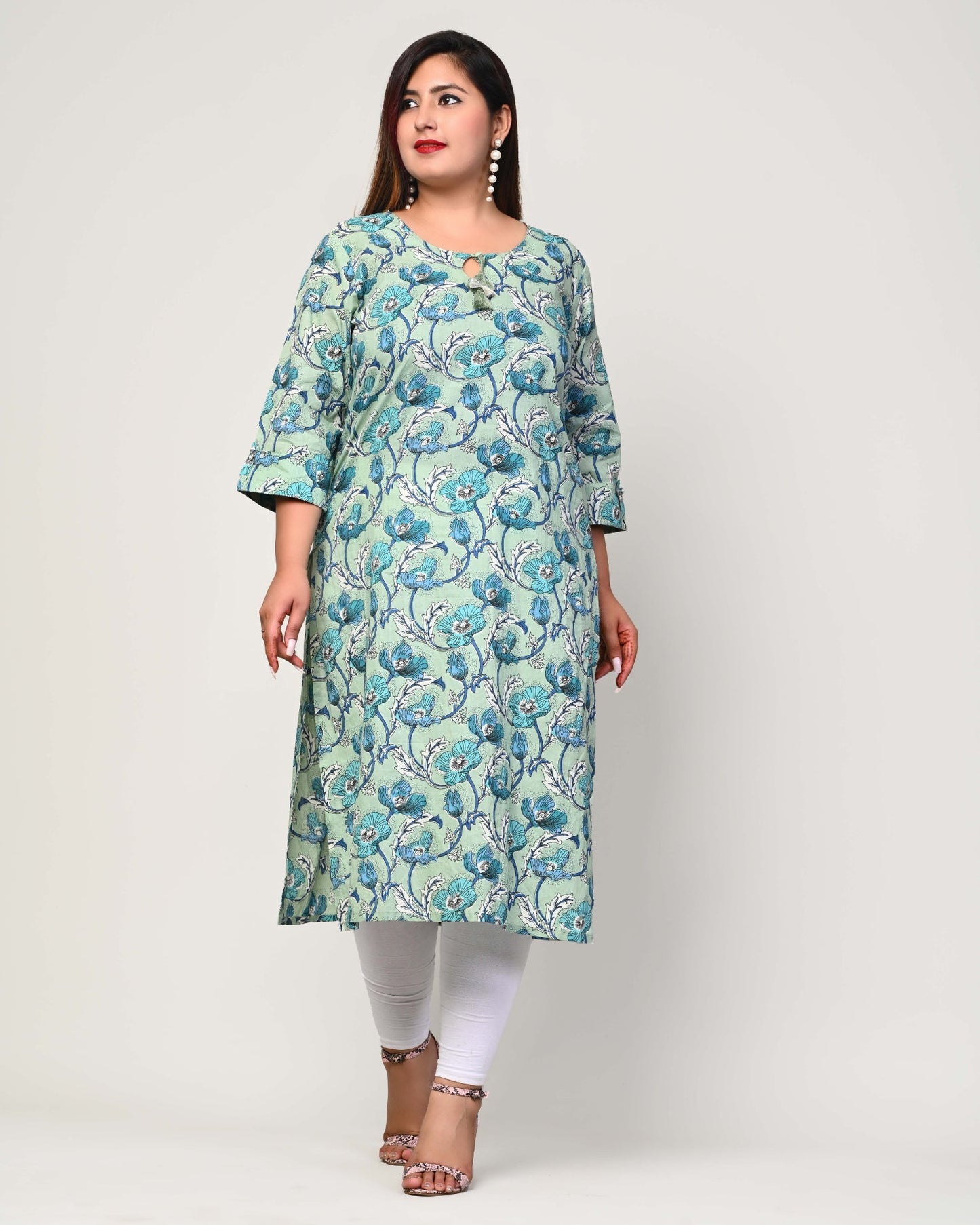 Plus Size Blue Cotton Floral Print Straight Kurta-369