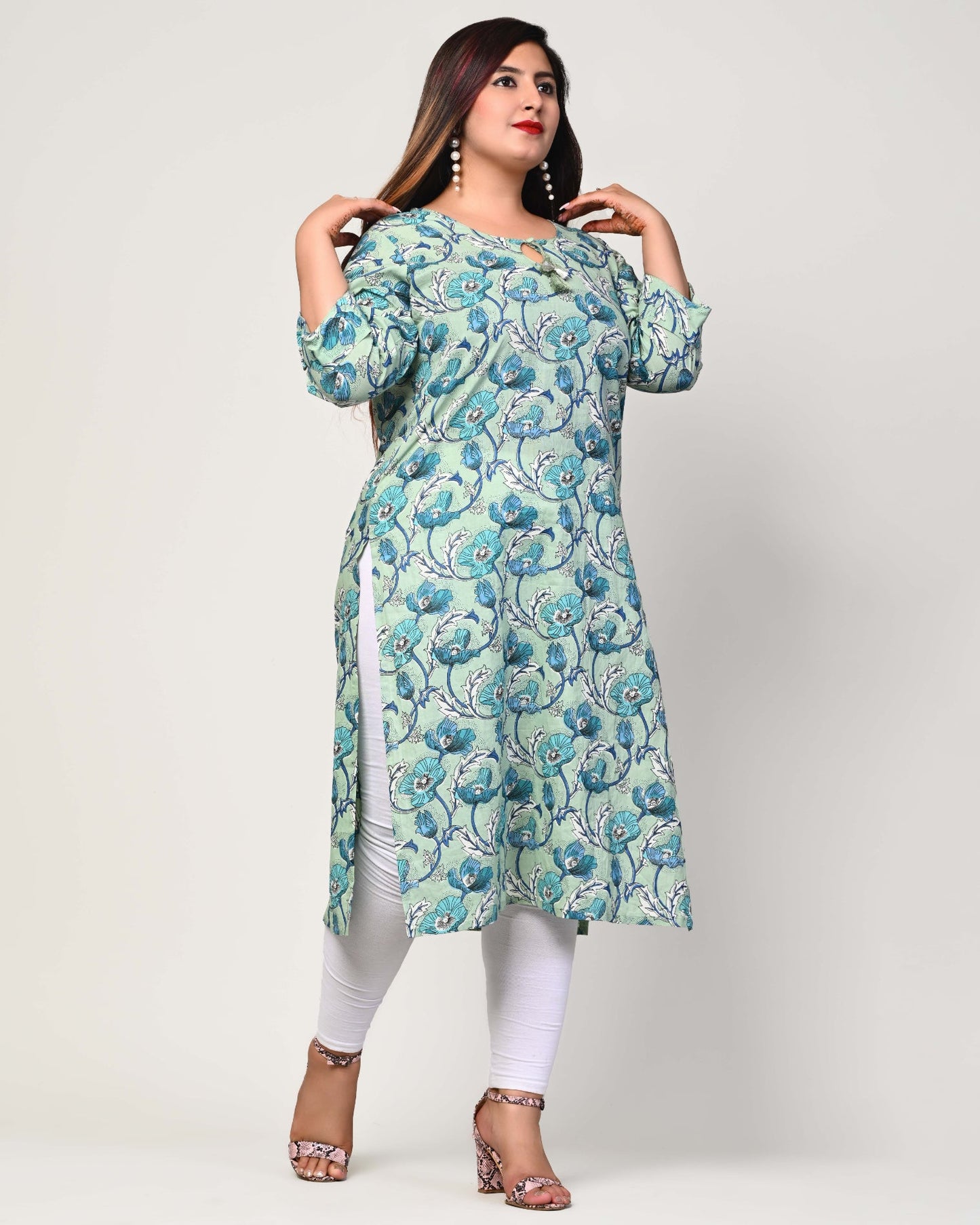 Plus Size Blue Cotton Floral Print Straight Kurta-369