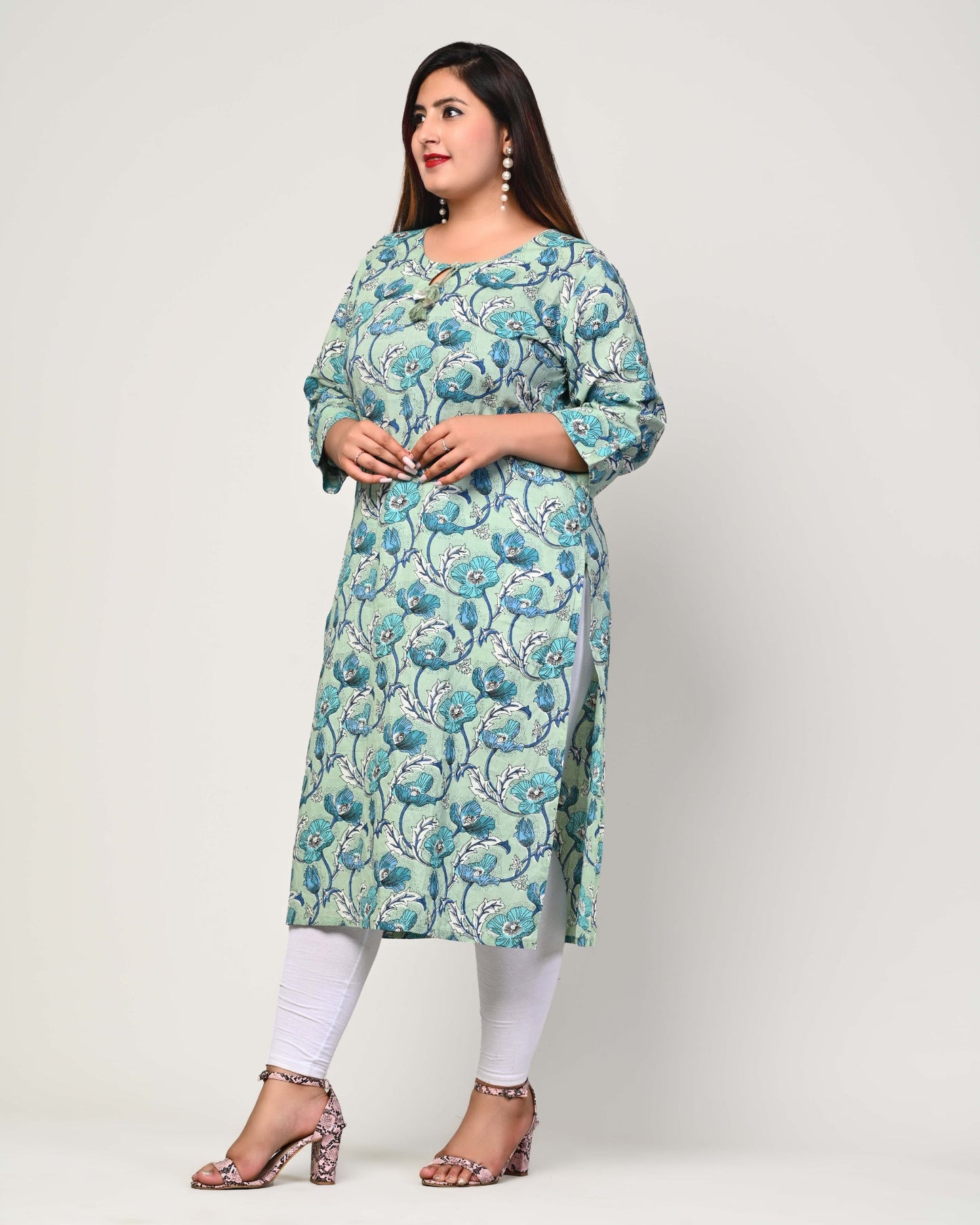 Plus Size Blue Cotton Floral Print Straight Kurta-369