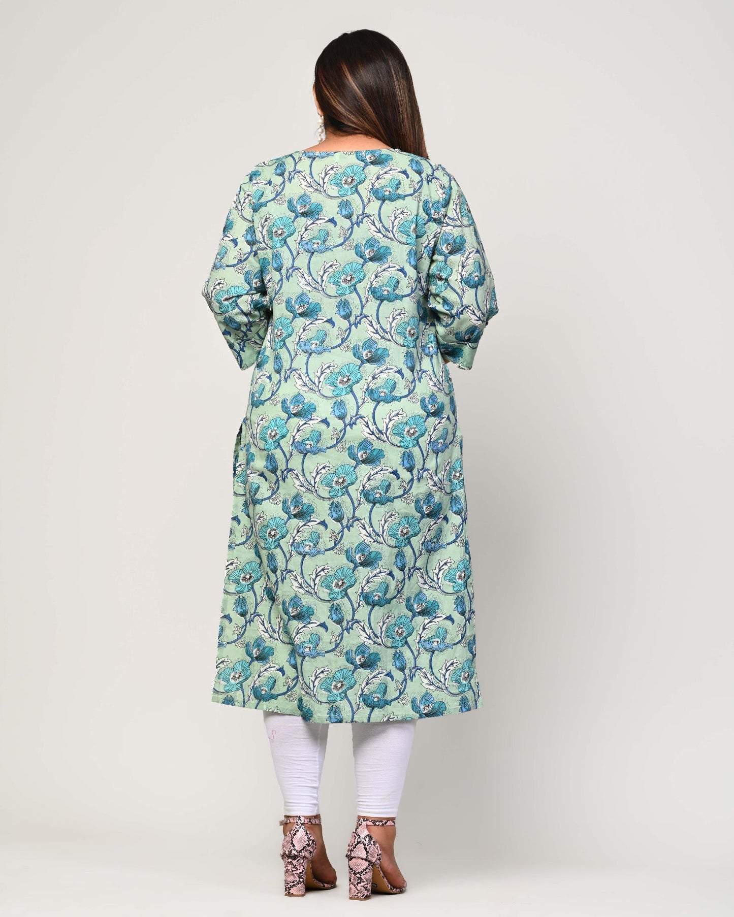 Plus Size Blue Cotton Floral Print Straight Kurta-369