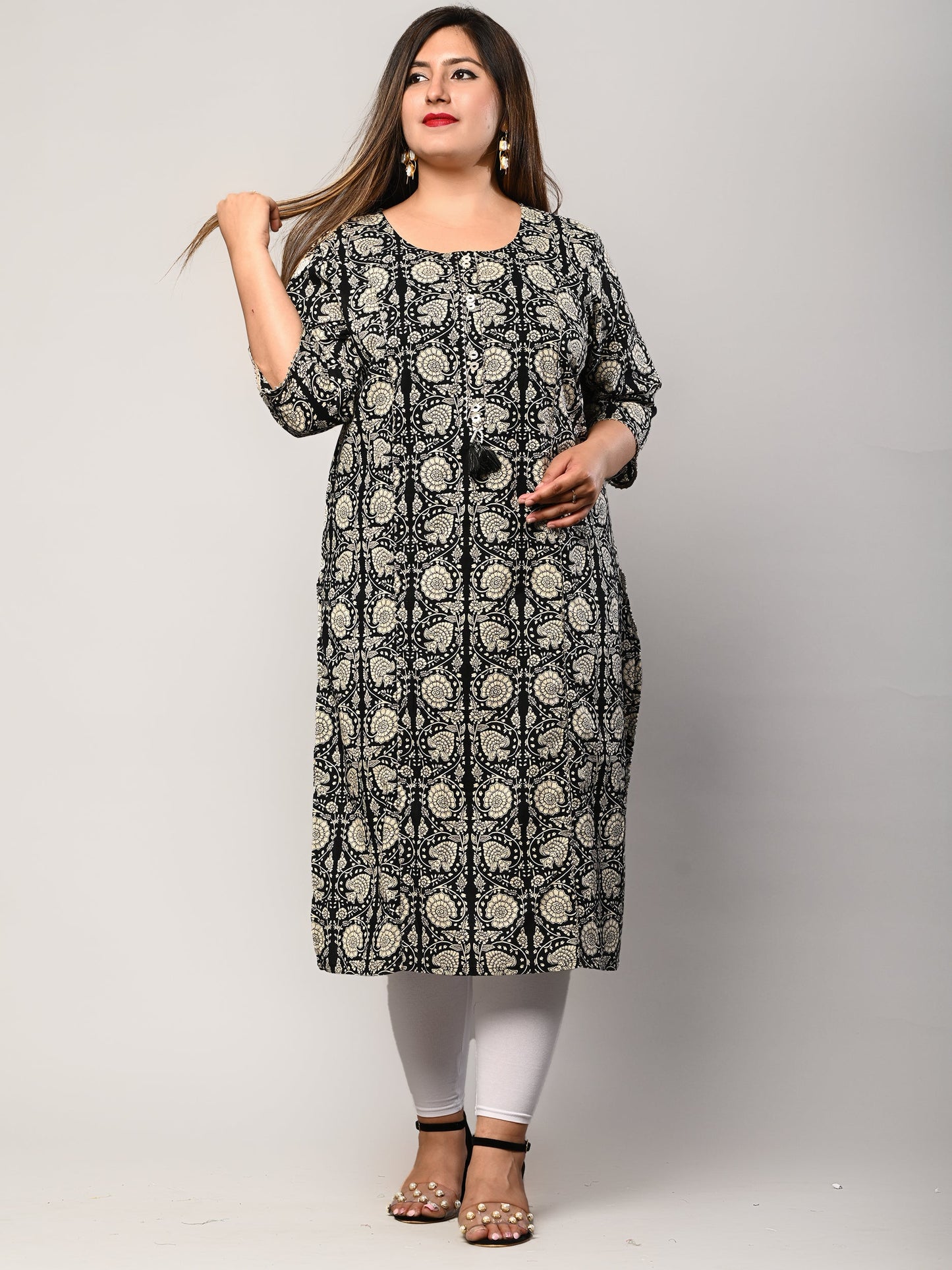 Plus Size Black Cotton Floral Print Straight Kurta-414