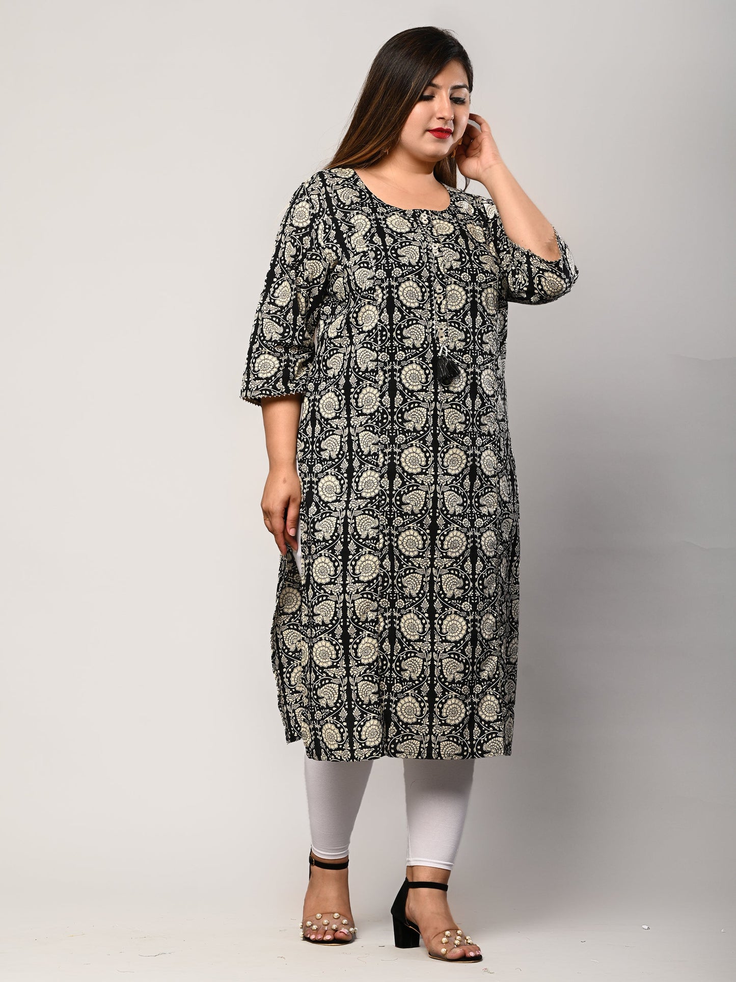 Plus Size Black Cotton Floral Print Straight Kurta-414