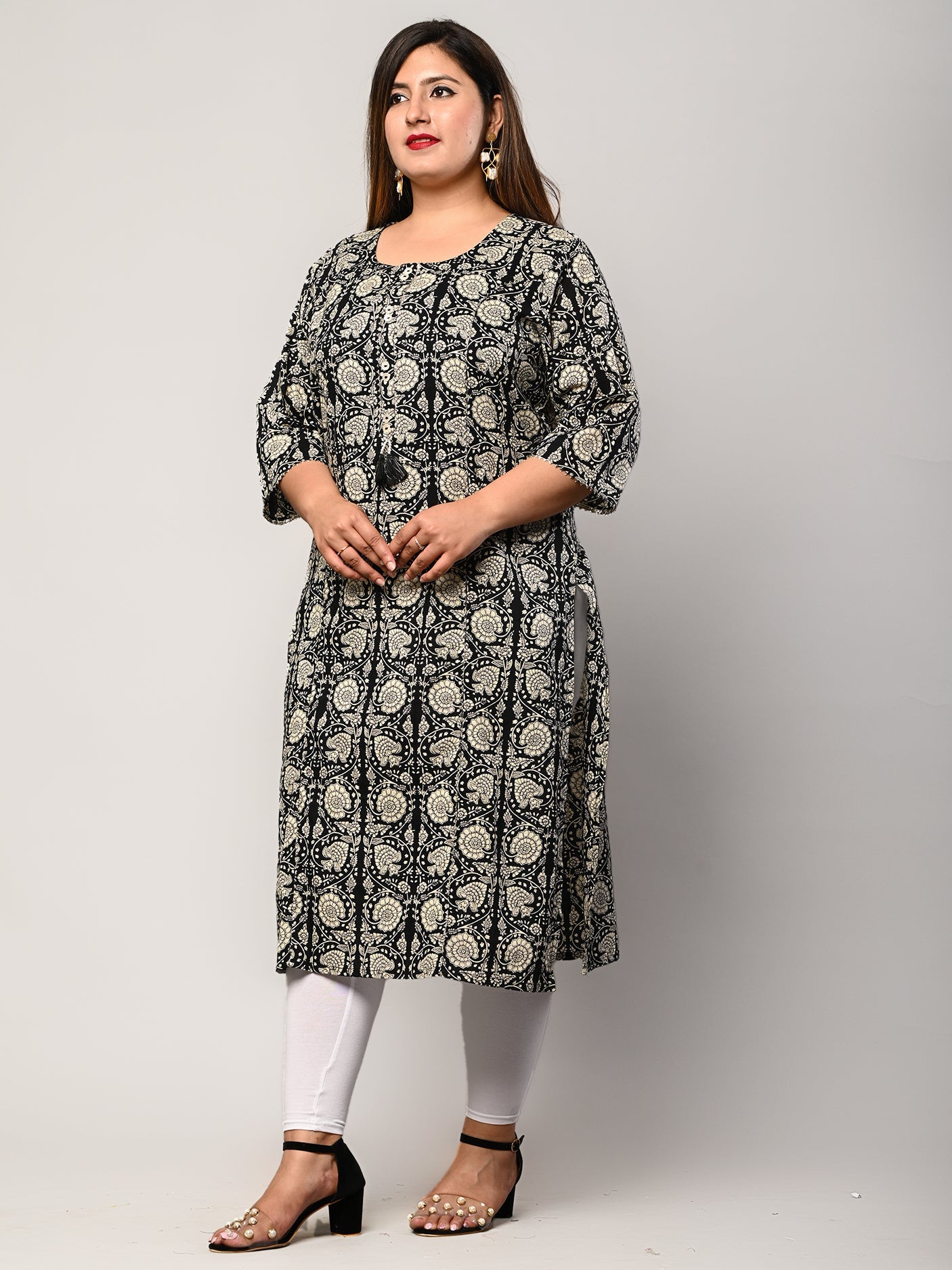 Plus Size Black Cotton Floral Print Straight Kurta-414