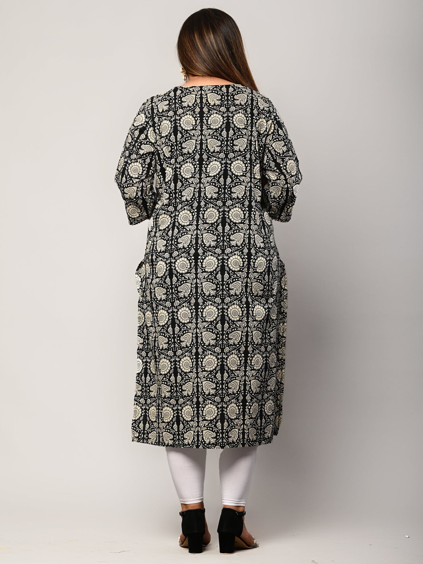 Plus Size Black Cotton Floral Print Straight Kurta-414