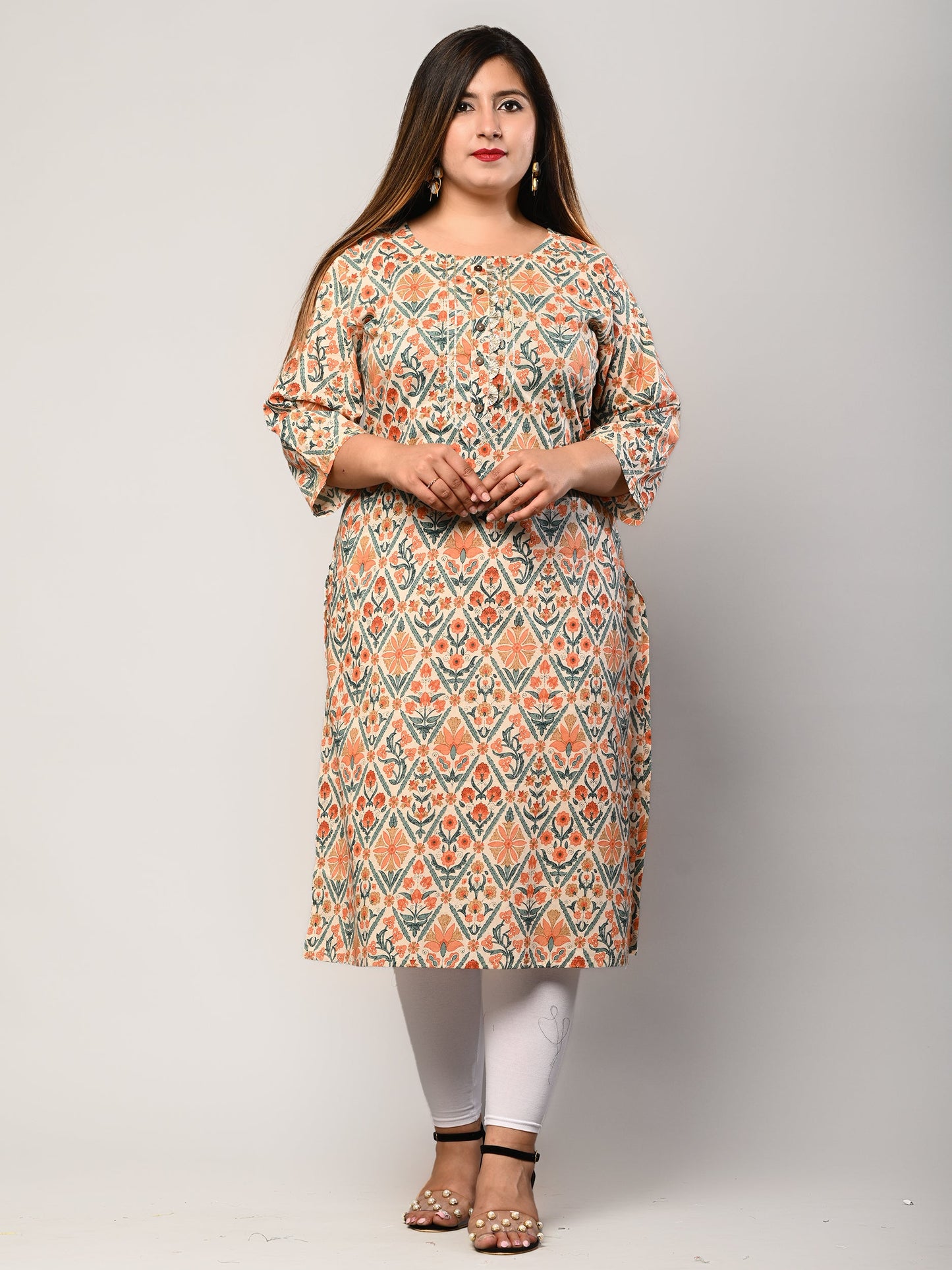 Plus Size Beige Cotton Printed Straight Kurta