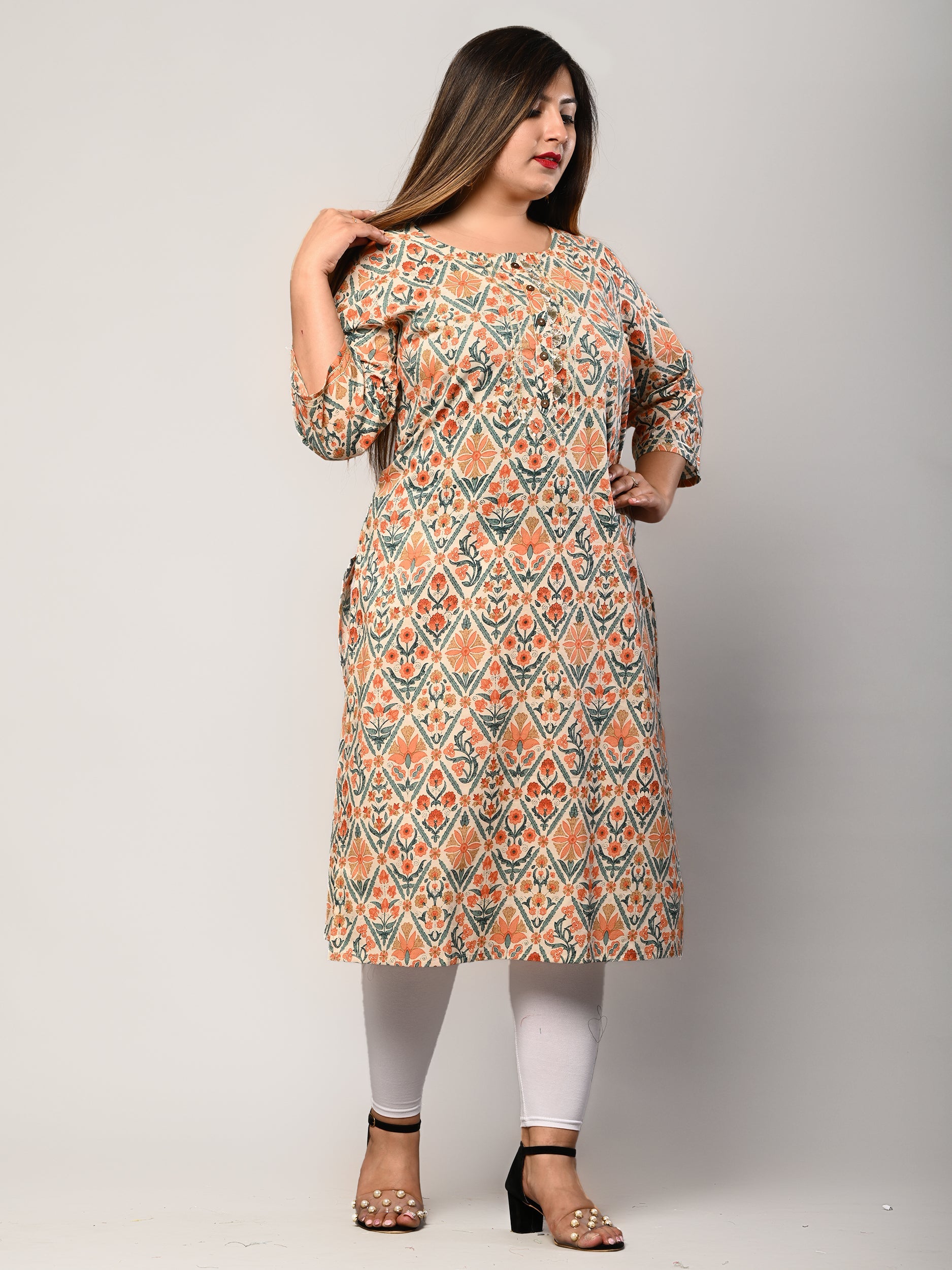 Plus Size Beige Cotton Printed Straight Kurta