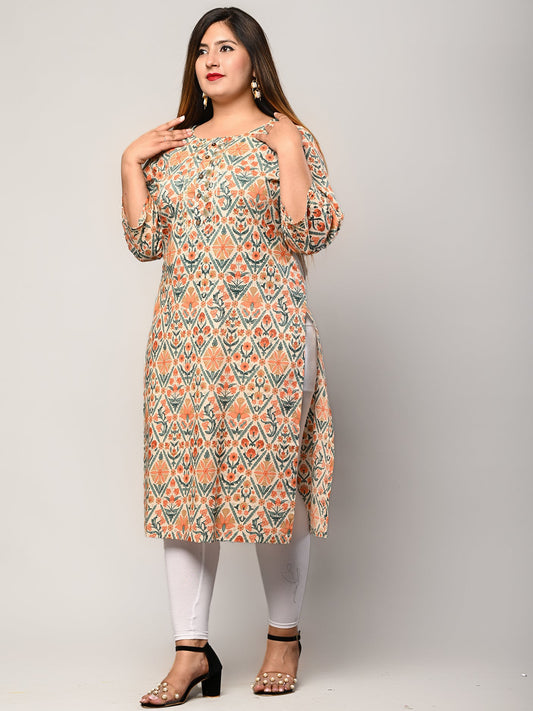 Plus Size Beige Cotton Printed Straight Kurta