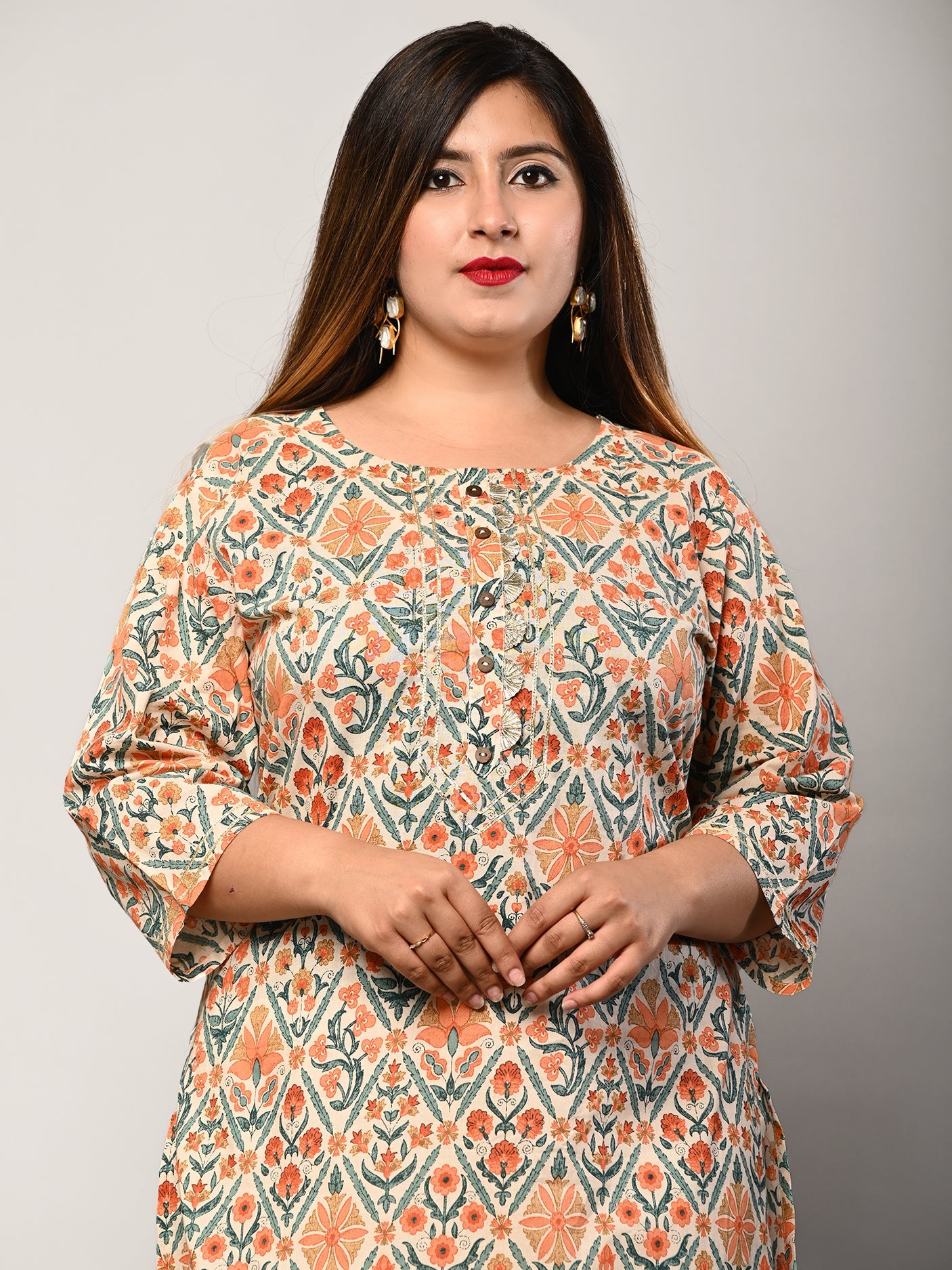 Plus Size Beige Cotton Printed Straight Kurta