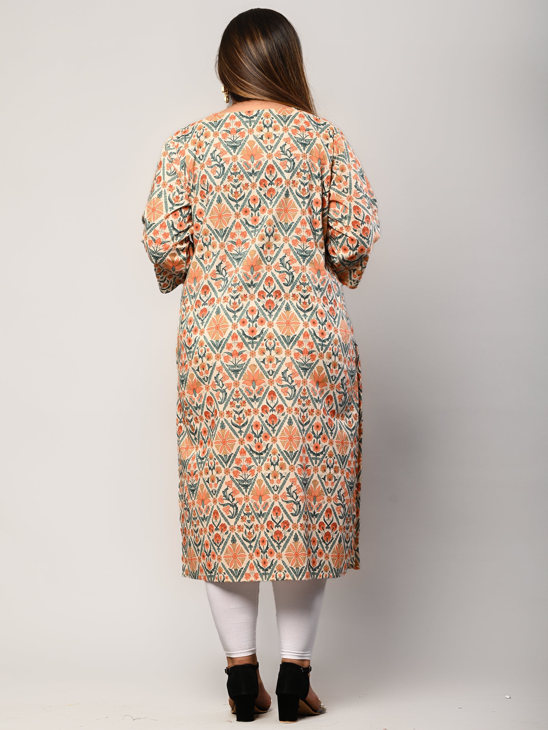 Plus Size Beige Cotton Printed Straight Kurta