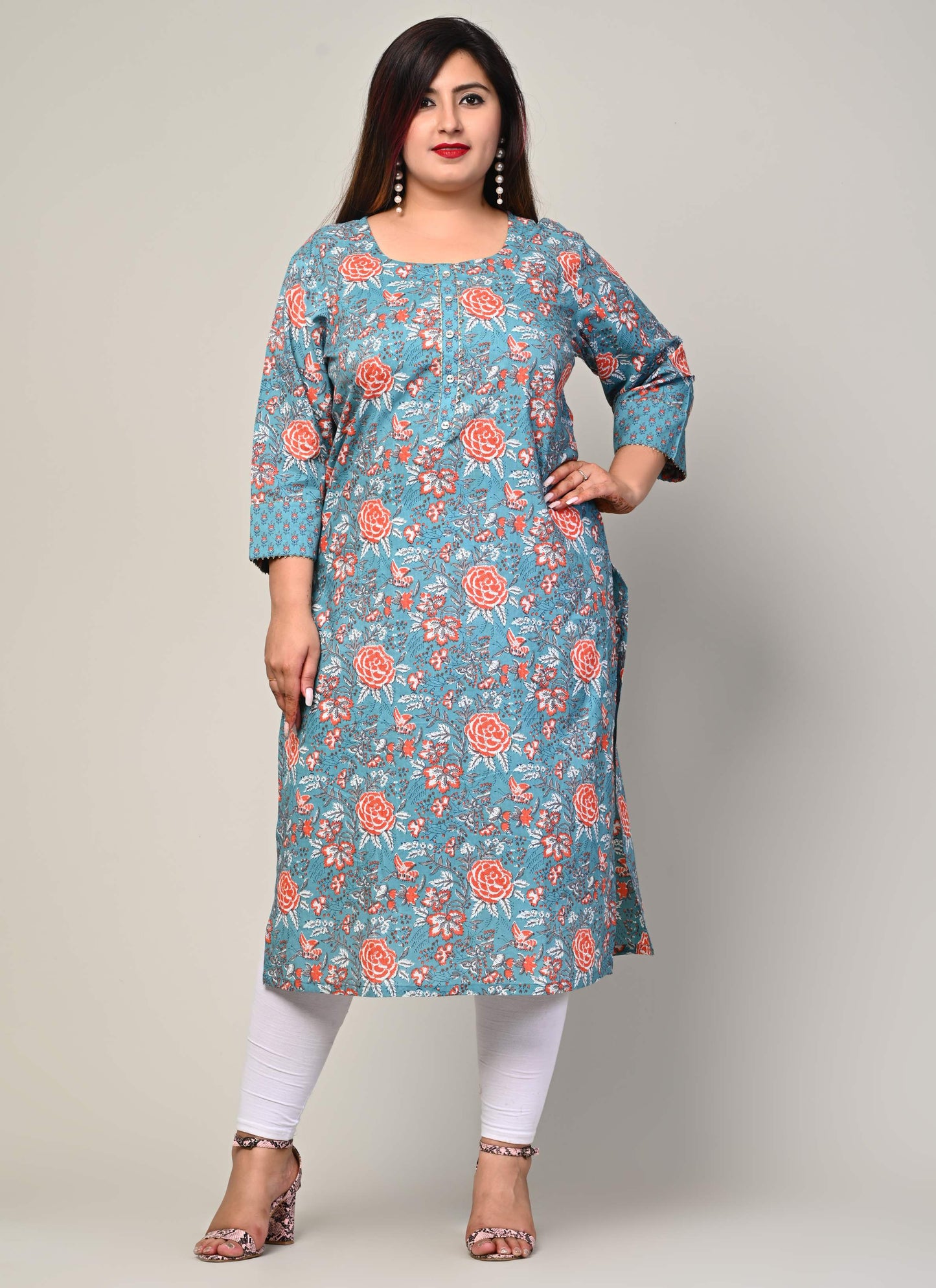 Plus Size Blue Cotton Floral Print Straight Kurta-500