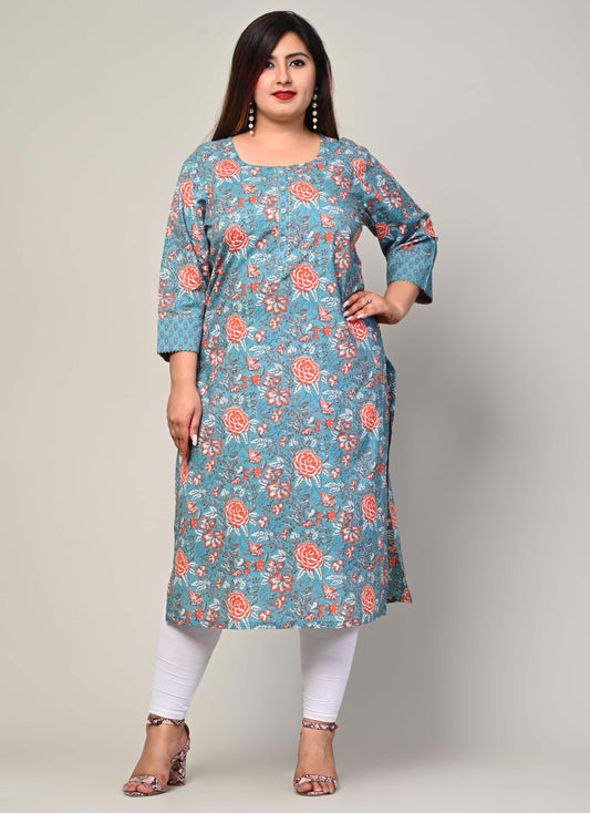 Plus Size Blue Cotton Floral Print Straight Kurta-500