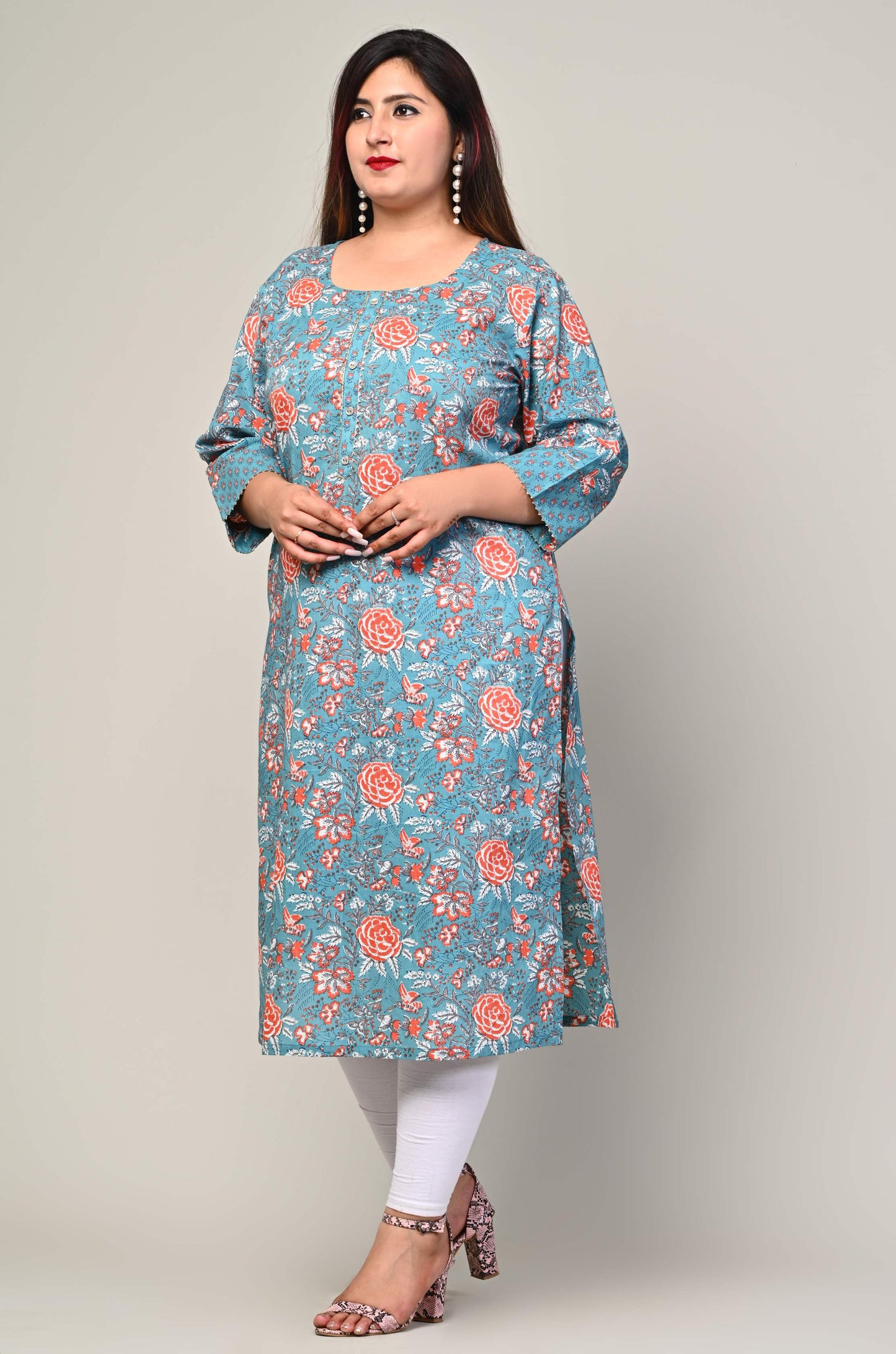 Plus Size Blue Cotton Floral Print Straight Kurta-500