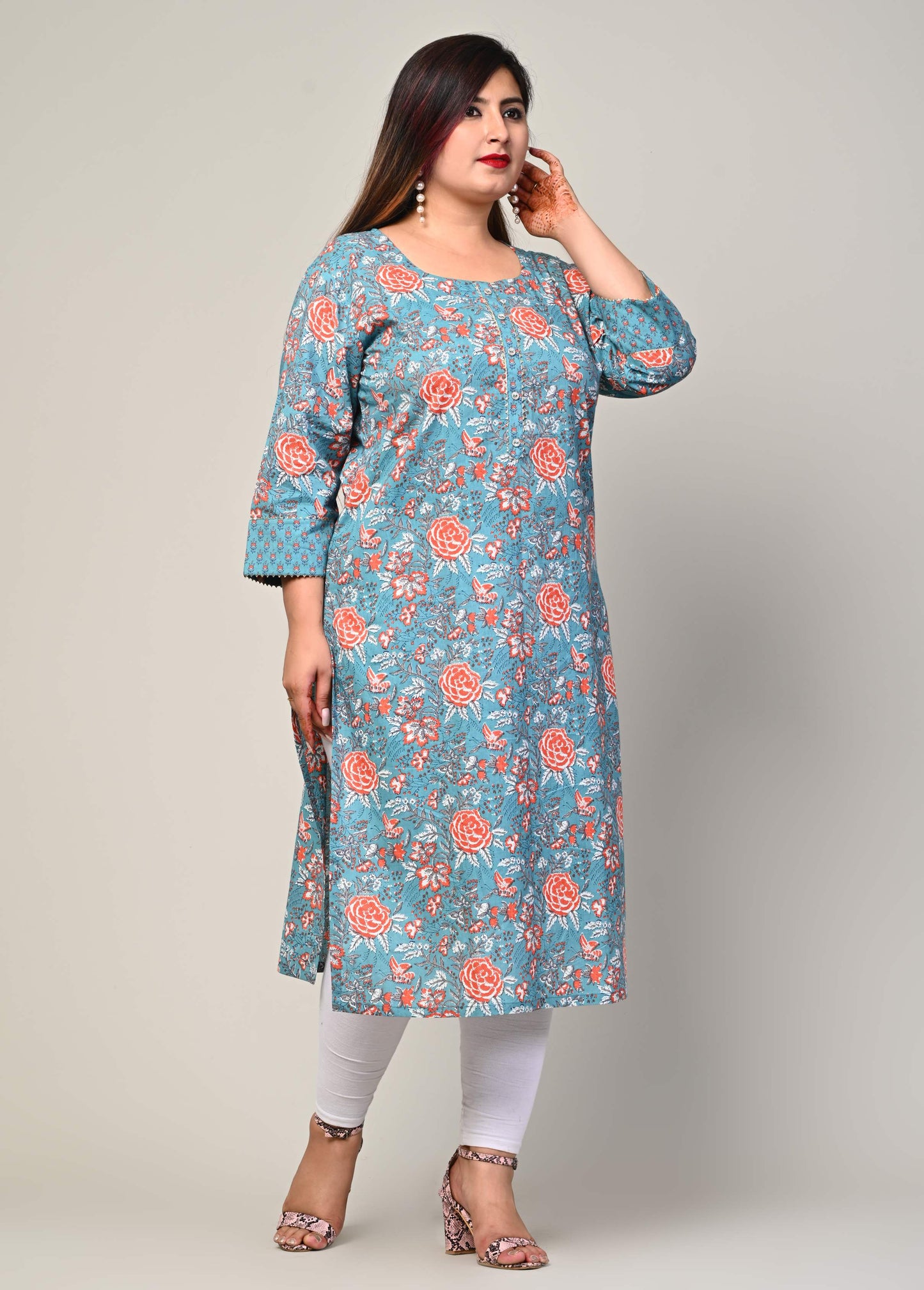 Plus Size Blue Cotton Floral Print Straight Kurta-500