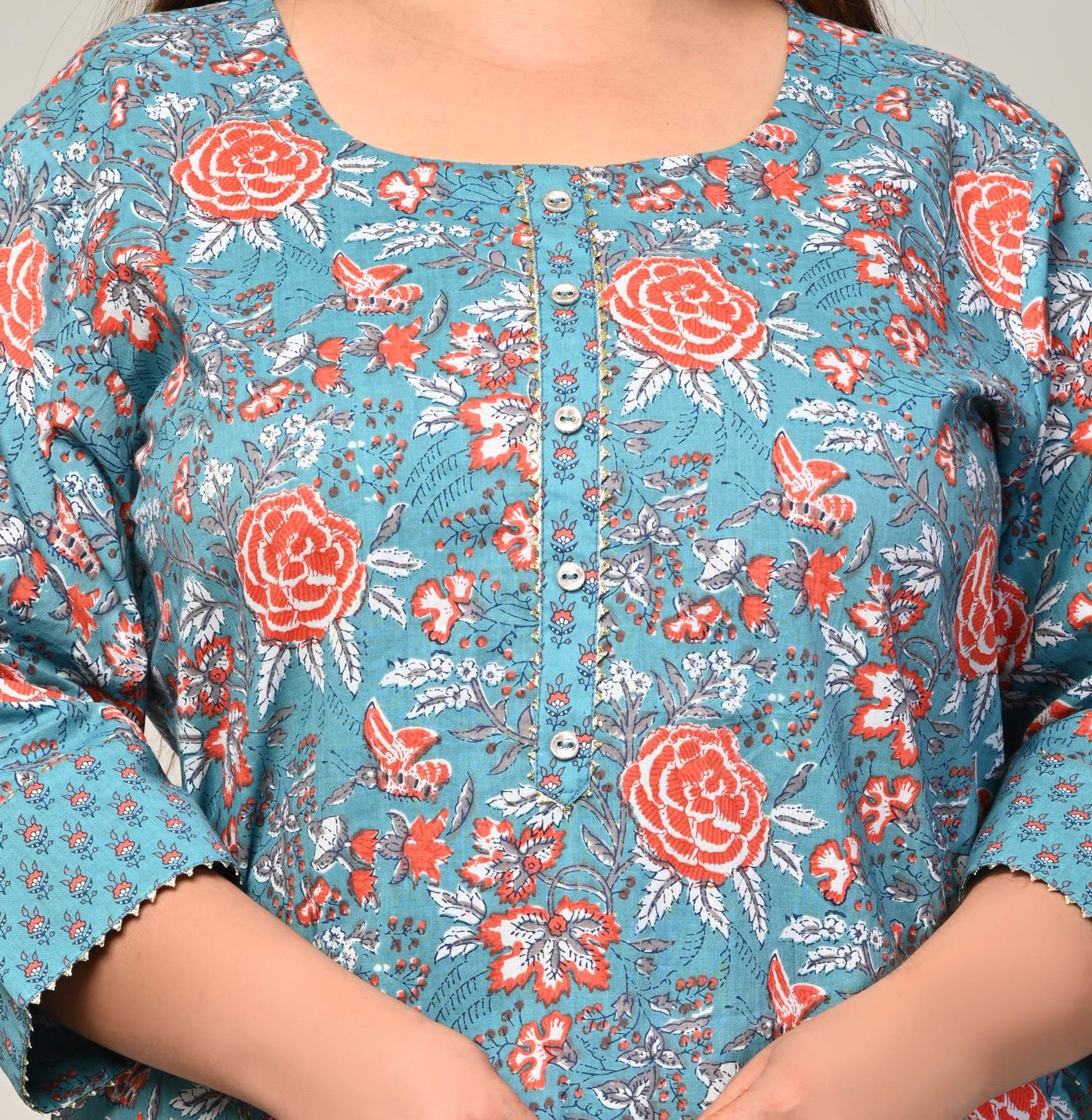 Plus Size Blue Cotton Floral Print Straight Kurta-500