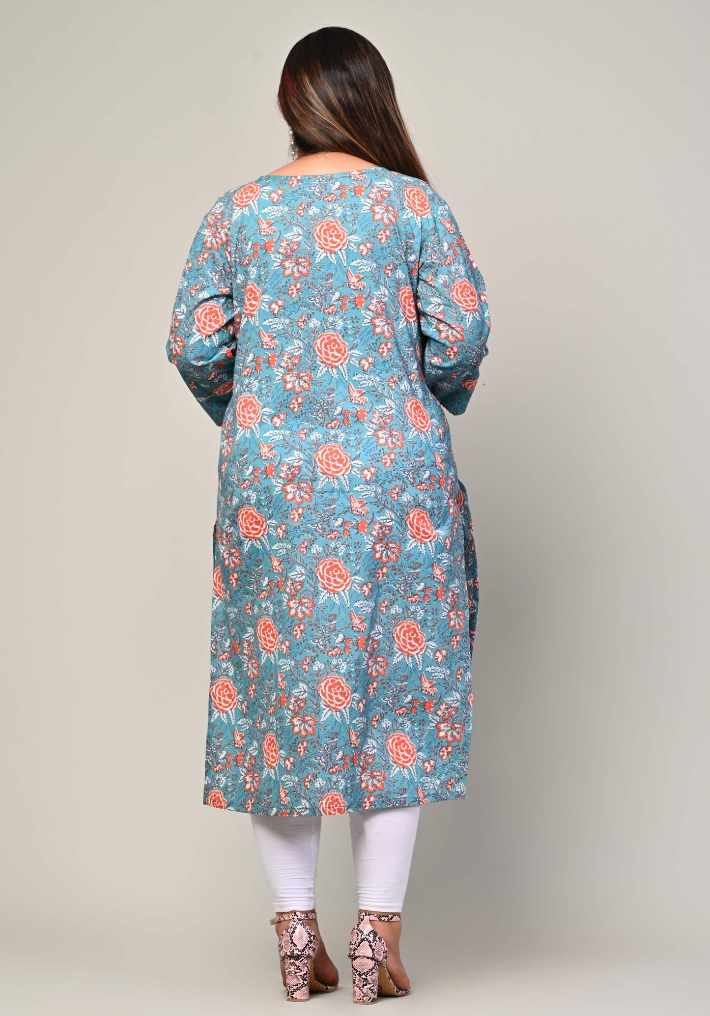 Plus Size Blue Cotton Floral Print Straight Kurta-500