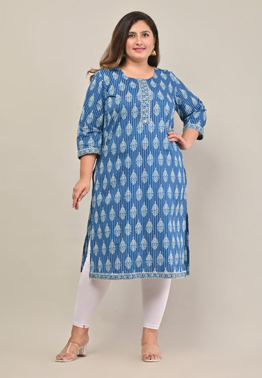 Plus Size Blue Cotton Floral Print Straight Kurta-570