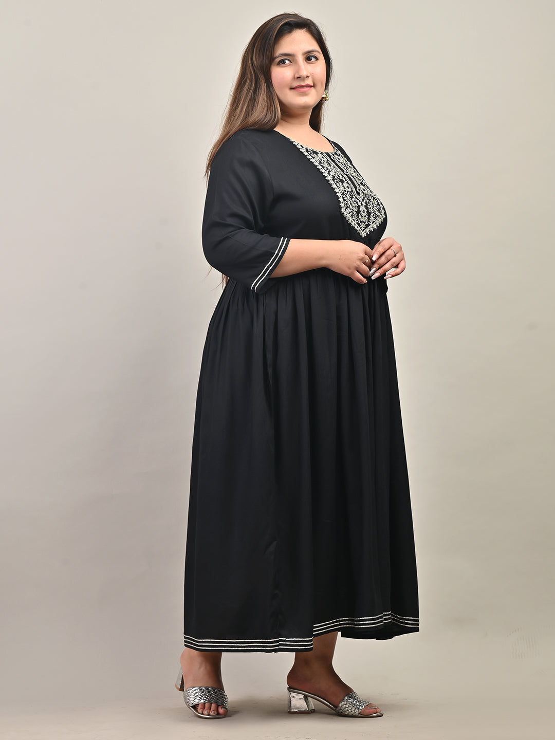 Plus Size Black Cotton Embroidered Anarkali