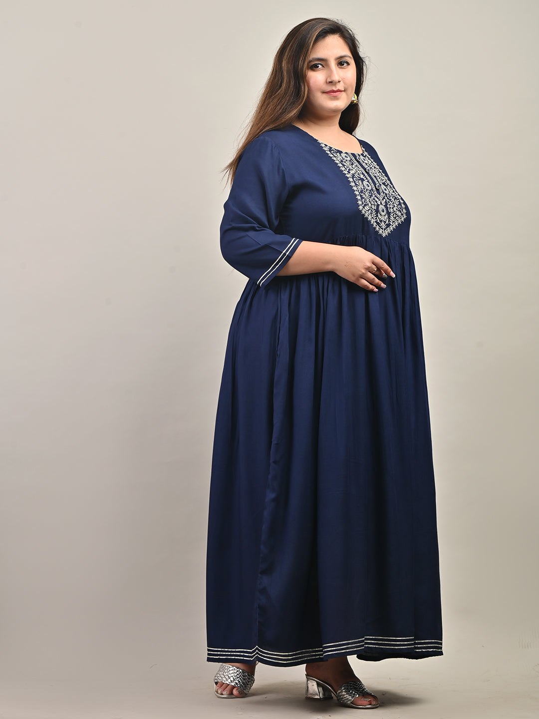 Plus Size Blue Cotton Blend Embroidered Anarkali-591