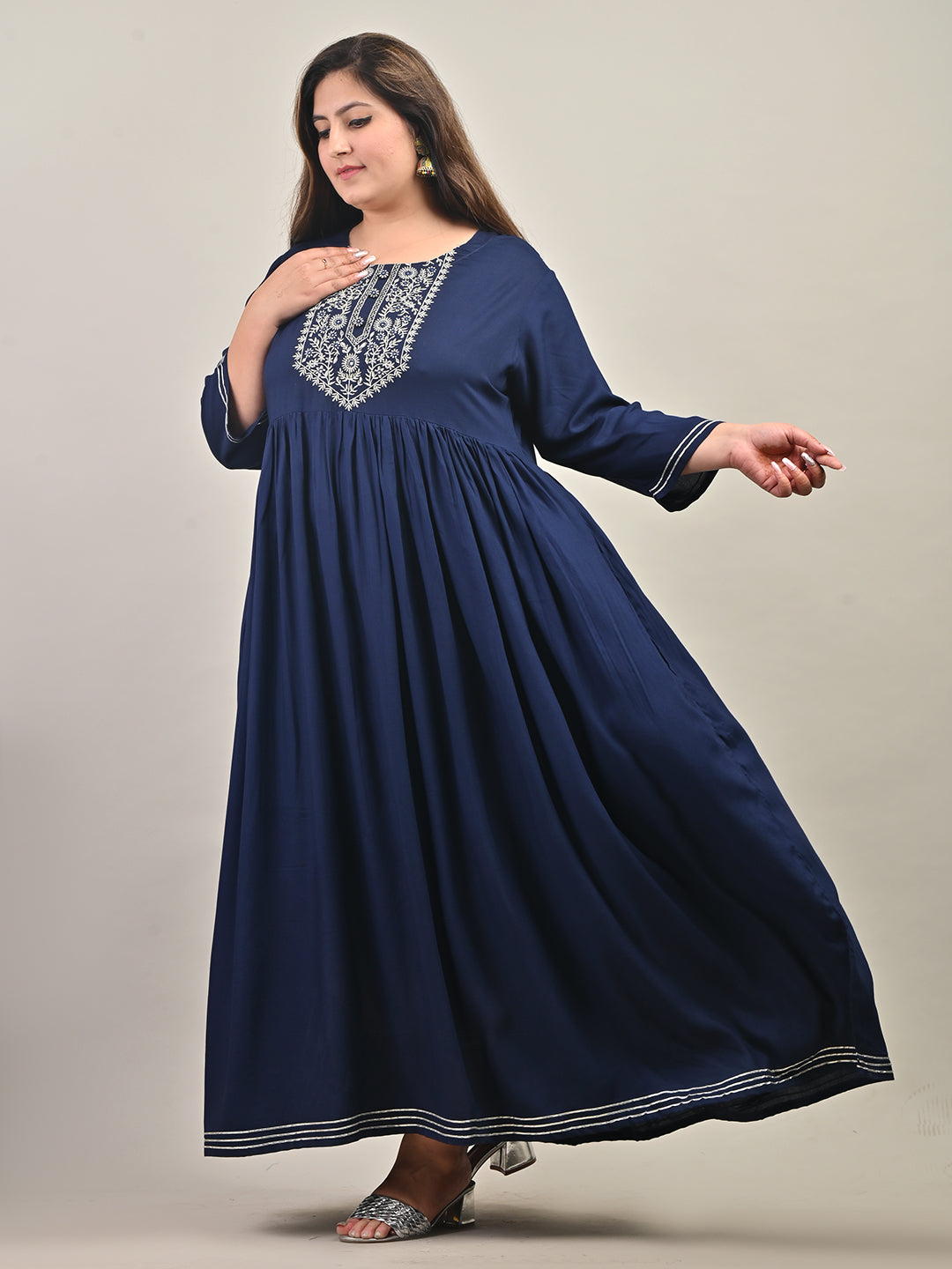 Plus Size Blue Cotton Blend Embroidered Anarkali-591