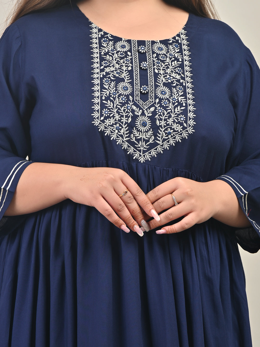 Plus Size Blue Cotton Blend Embroidered Anarkali-591