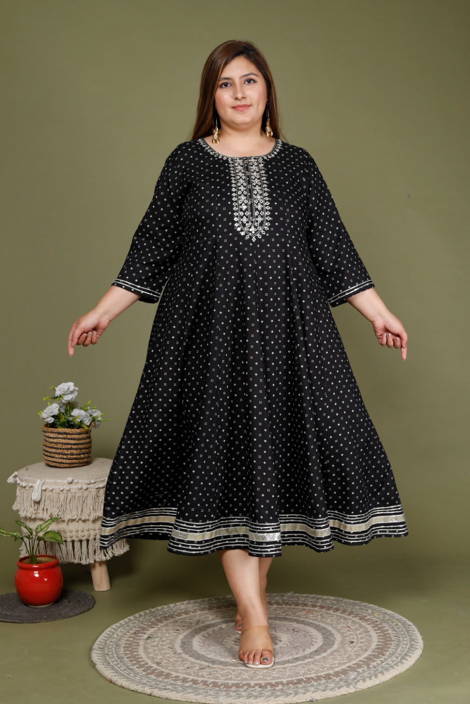 Plus Size Black Cotton Blend Polka Dot Print Embroidered Anarkali-643