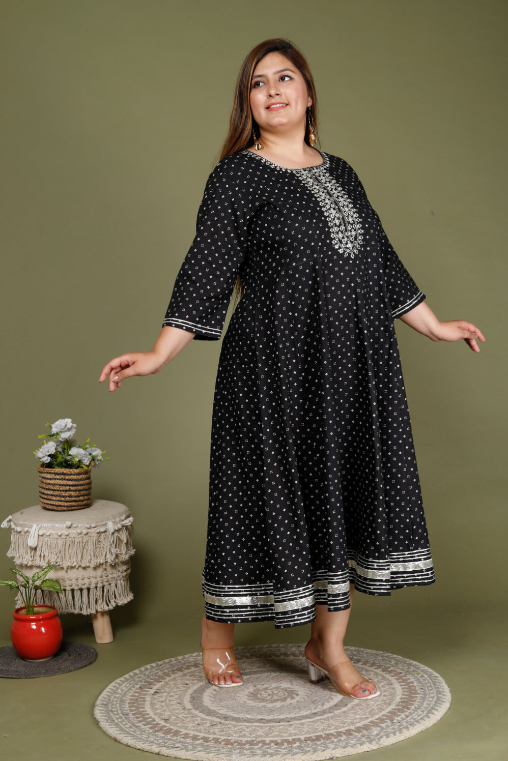 Plus Size Black Cotton Blend Polka Dot Print Embroidered Anarkali-643