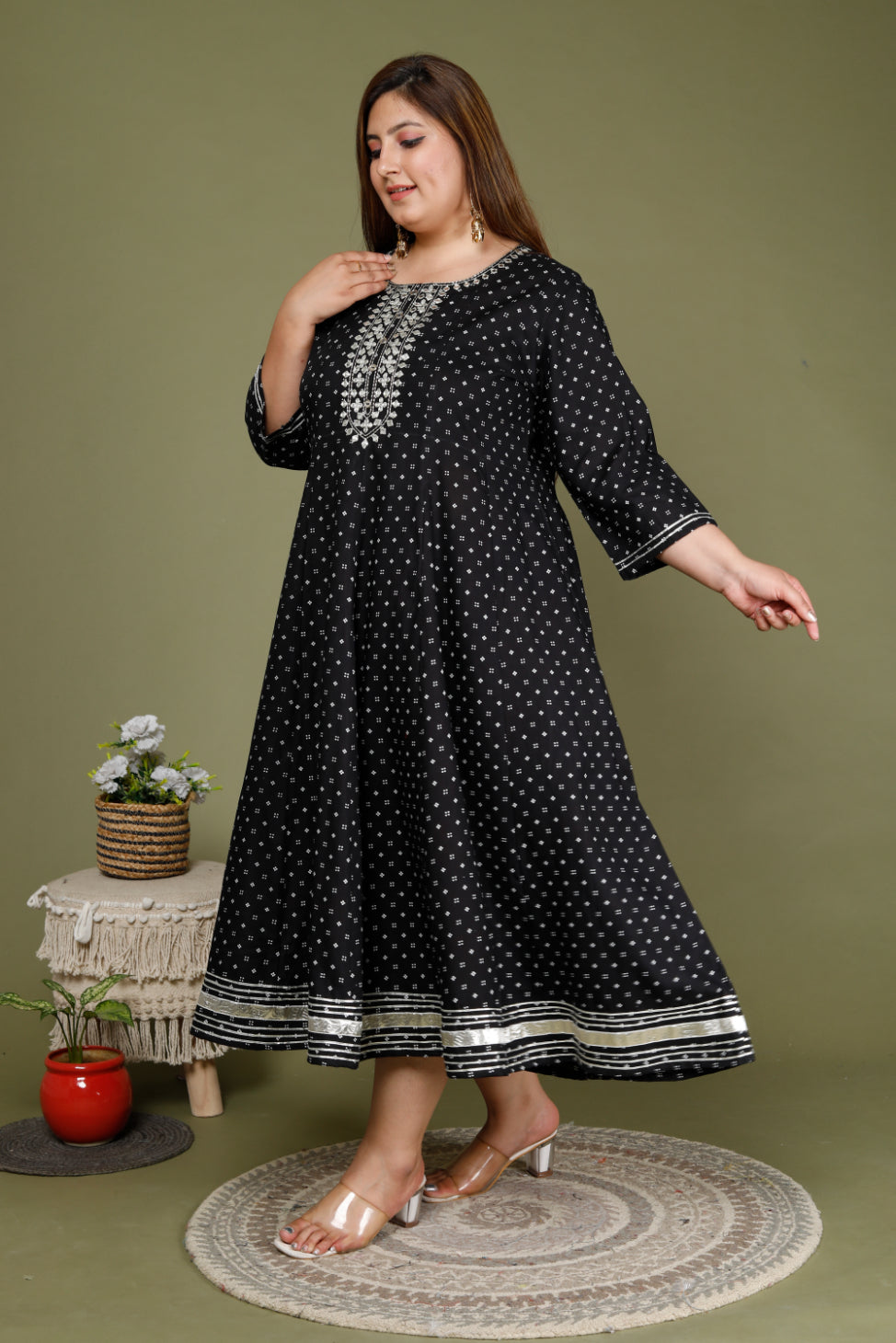 Plus Size Black Cotton Blend Polka Dot Print Embroidered Anarkali-643