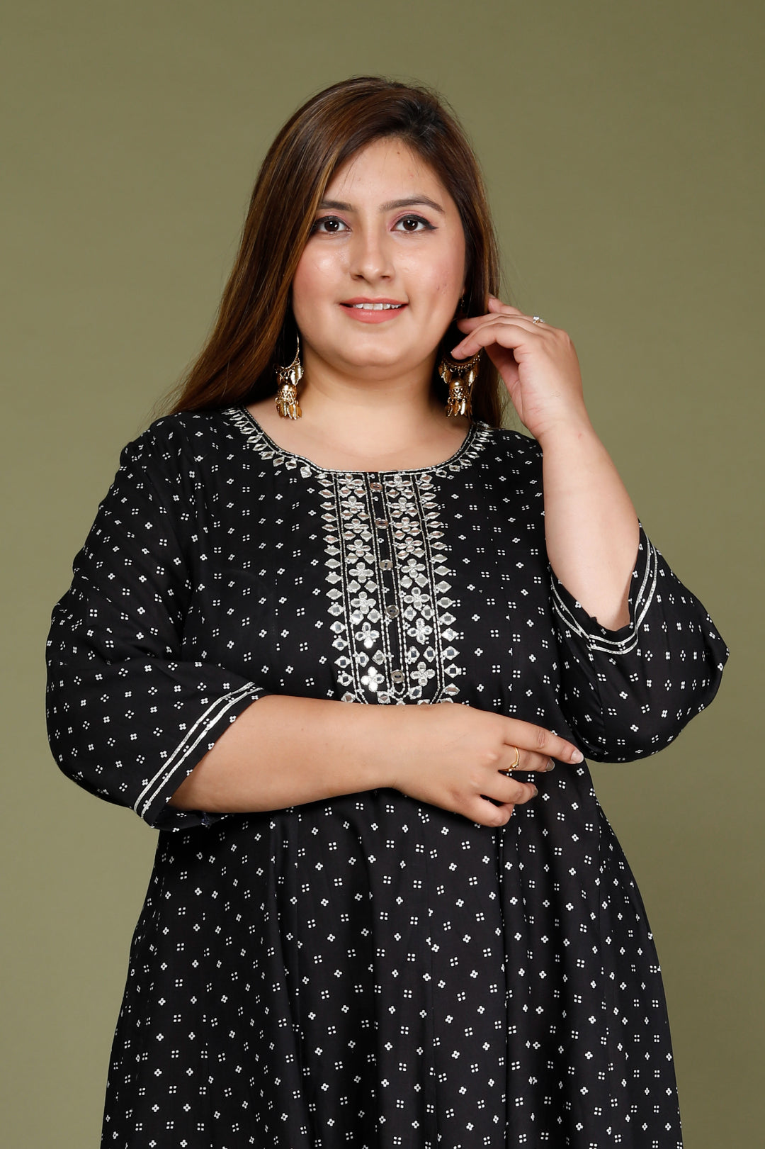 Plus Size Black Cotton Blend Polka Dot Print Embroidered Anarkali-643