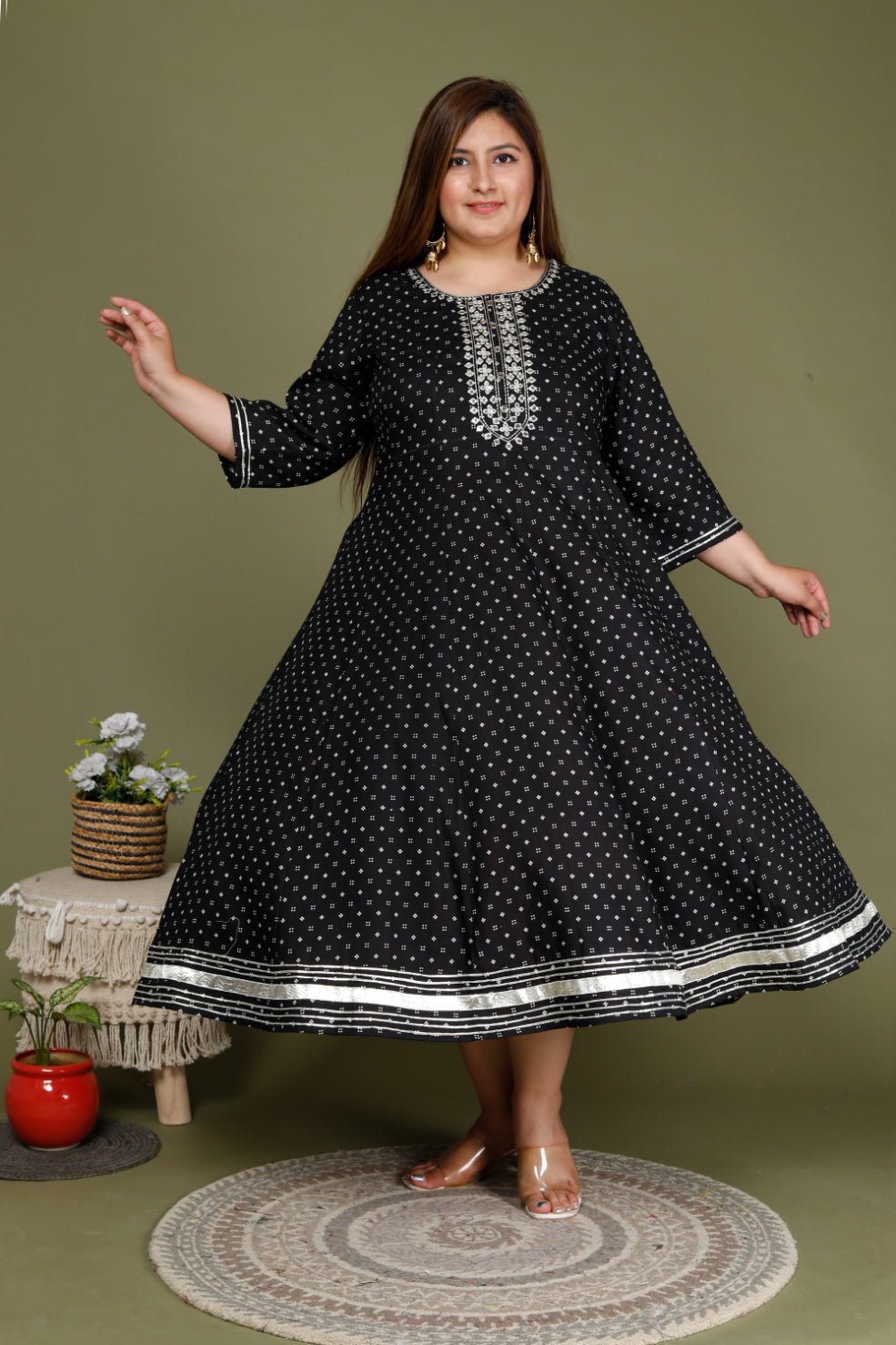 Plus Size Black Cotton Blend Polka Dot Print Embroidered Anarkali-643