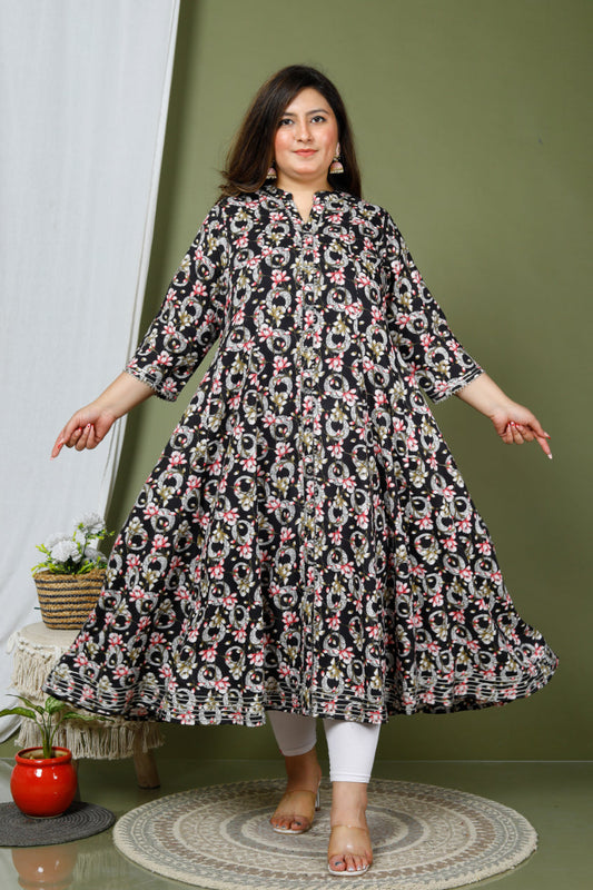 Plus Size Black Floral Print Flared Long Kurta-640