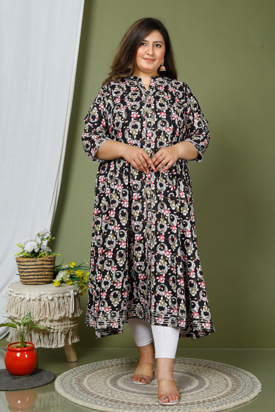 Plus Size Black Floral Print Flared Long Kurta-640