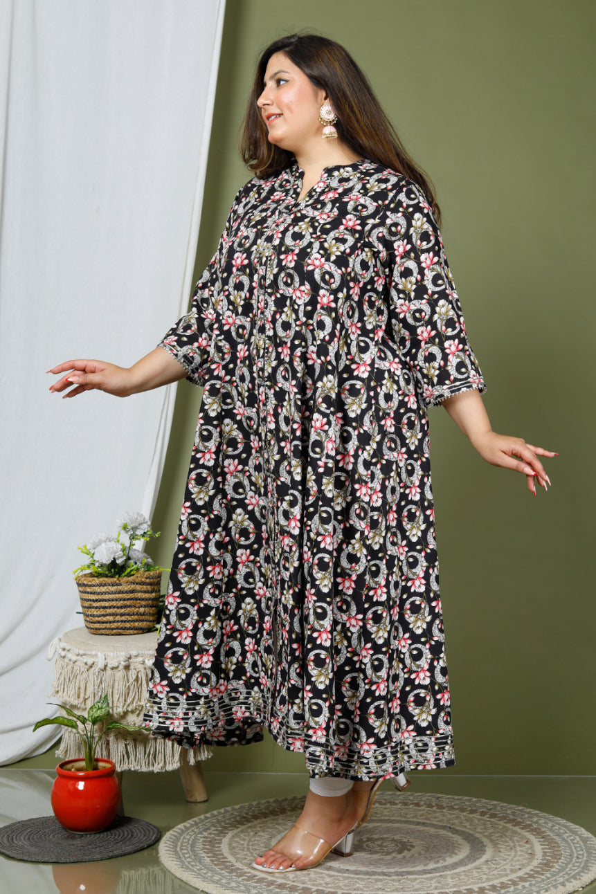 Plus Size Black Floral Print Flared Long Kurta-640